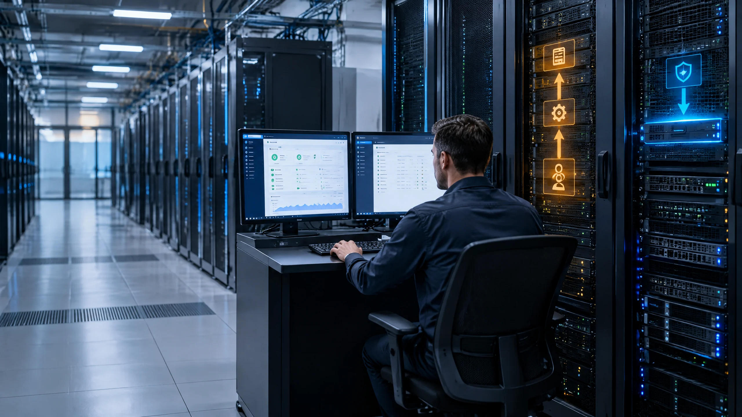 Original editorial illustration of a hosting administrator applying a security update across backup servers