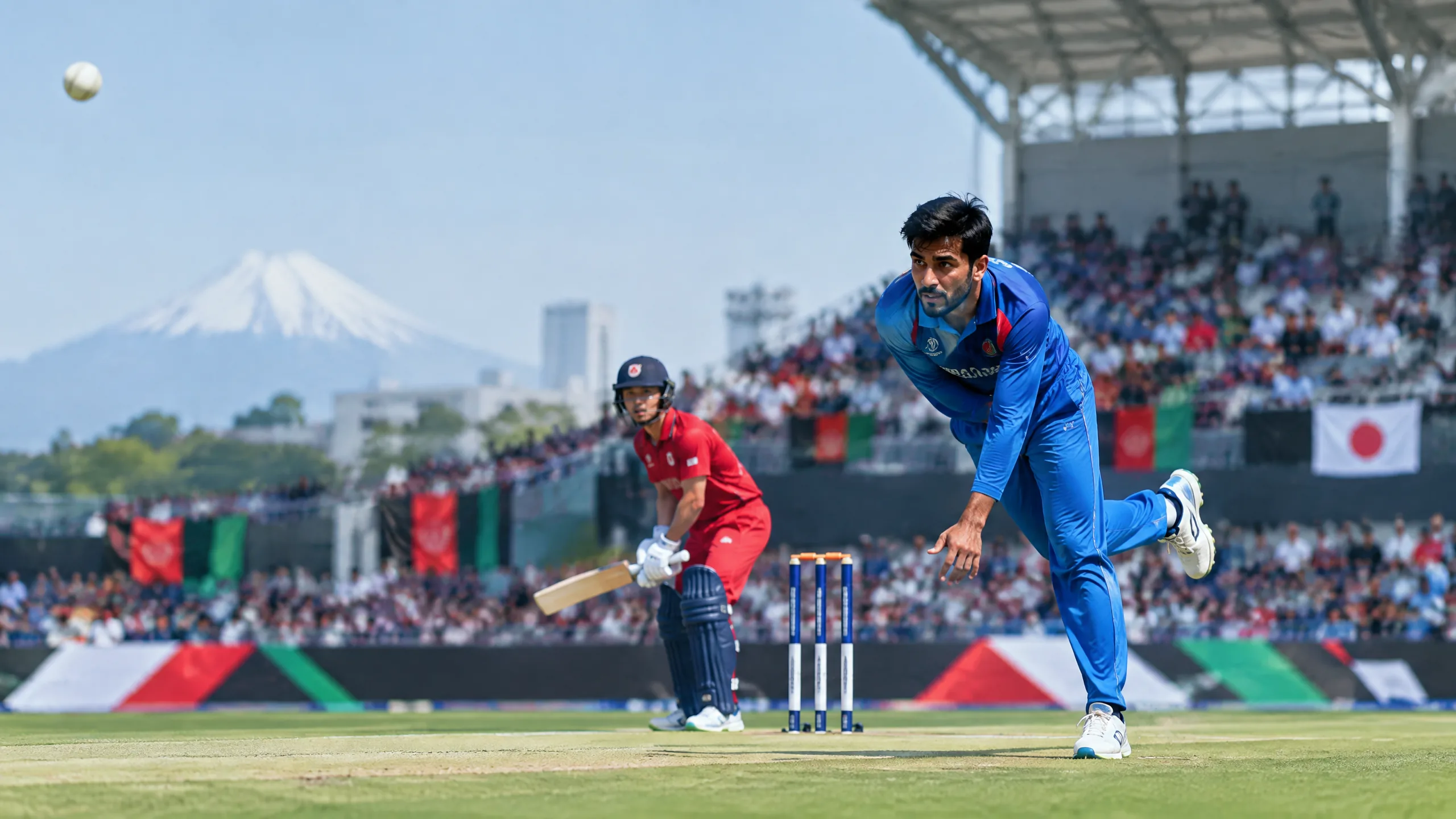 Editorial illustration of an Afghanistan bowler facing Japan at a cricket stadium in Japan