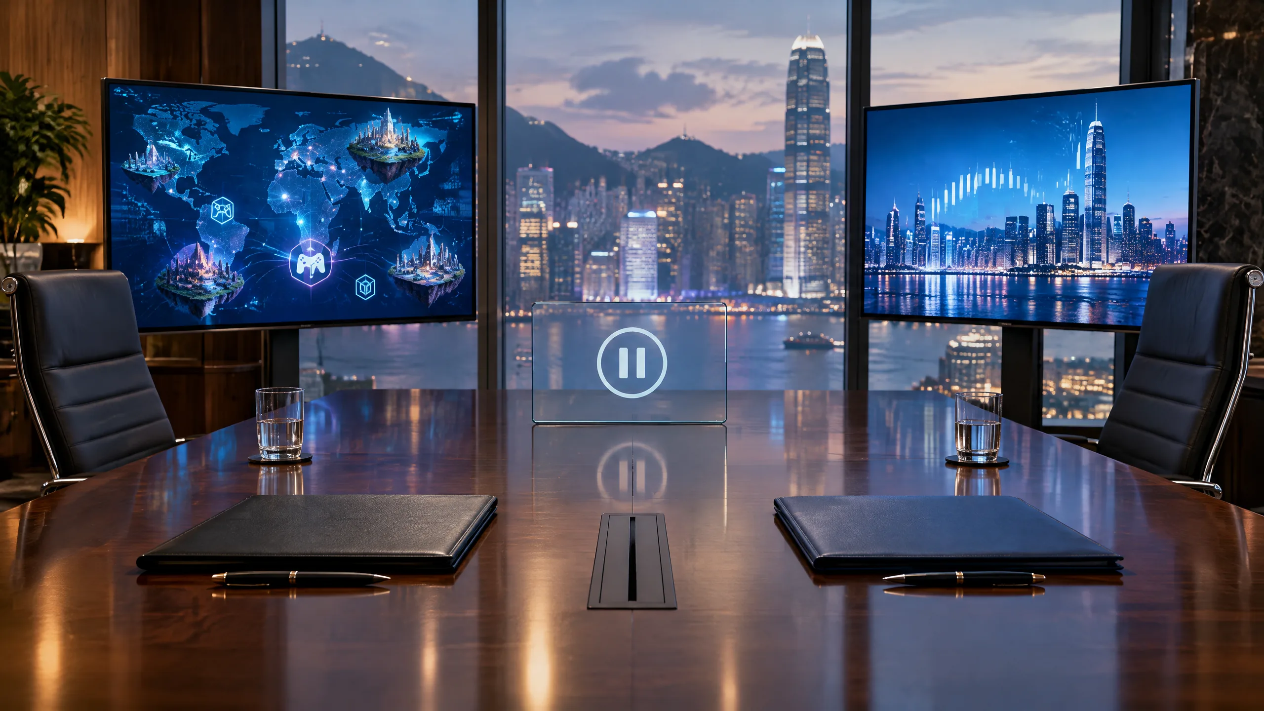 Realistic editorial scene of a paused corporate merger discussion linking Web3 gaming and a Nasdaq market screen