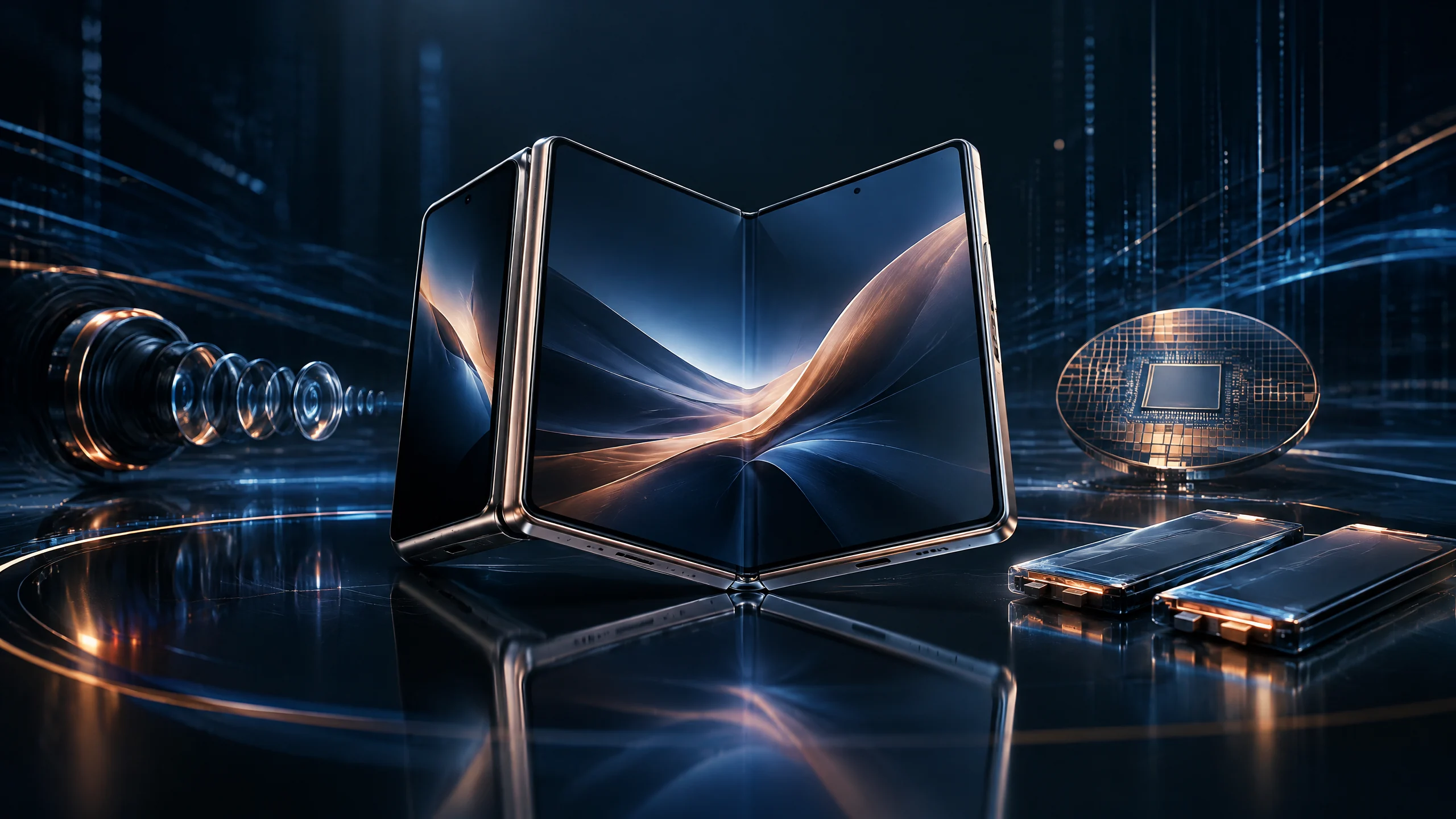 Original editorial illustration of an unbranded titanium foldable smartphone with camera optics, a mobile processor and dual battery cells