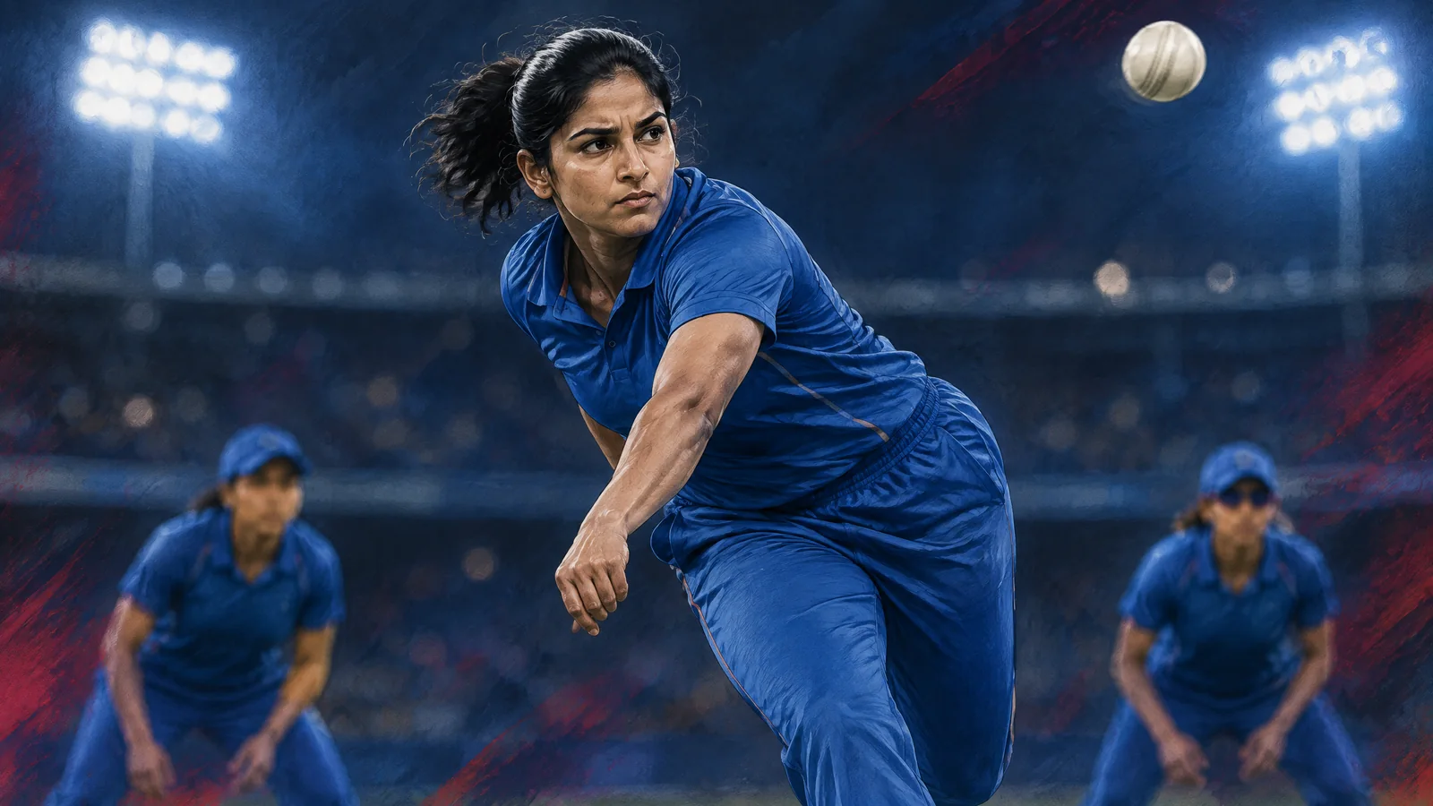 Editorial illustration of Arundhati Reddy bowling for India at a cricket ground
