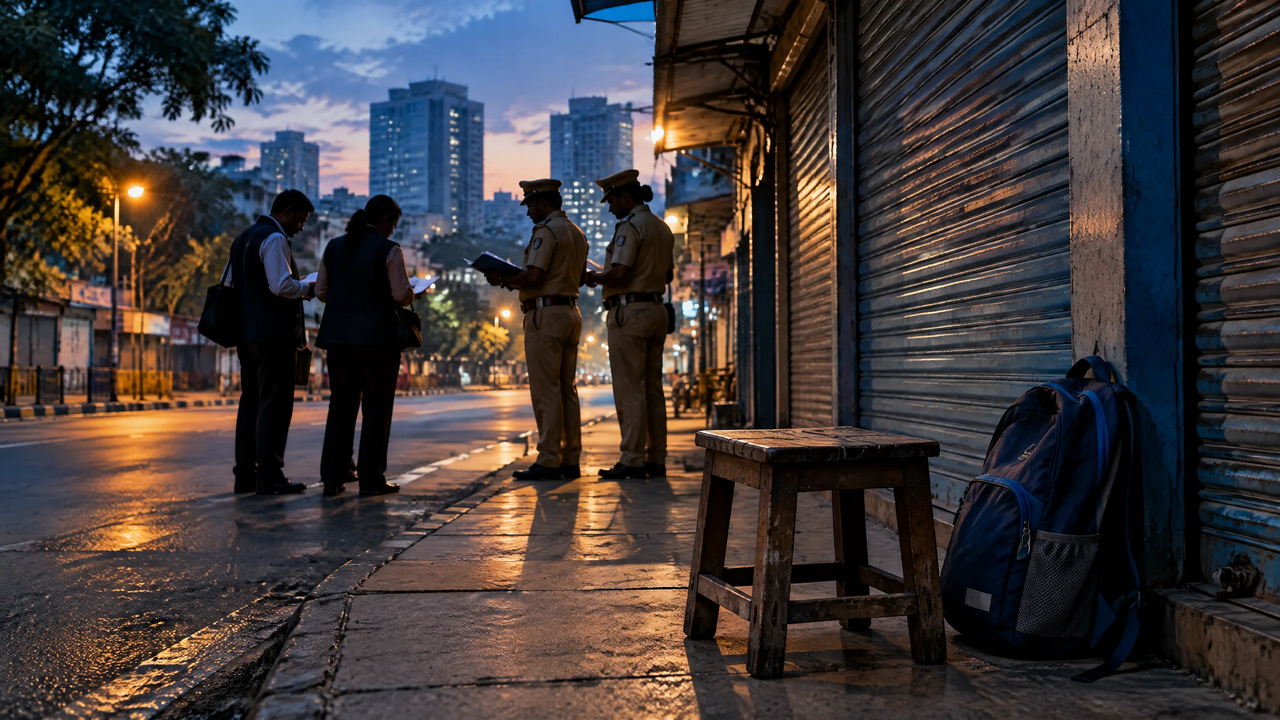 Original editorial illustration of a non-identifying Bengaluru commercial street during a labour inspection