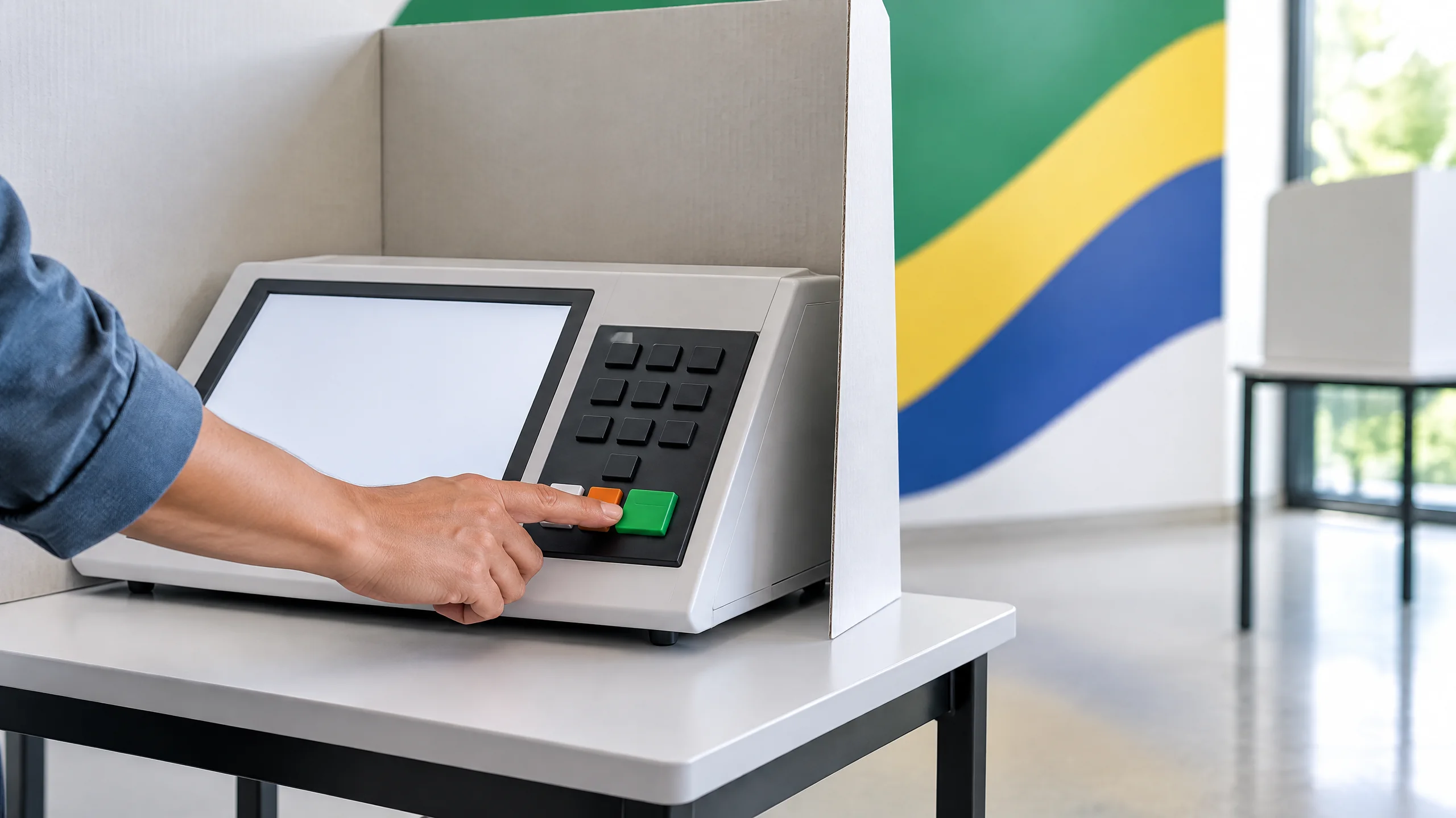 Original editorial illustration of a voter using an electronic voting terminal in a Brazil-themed polling station