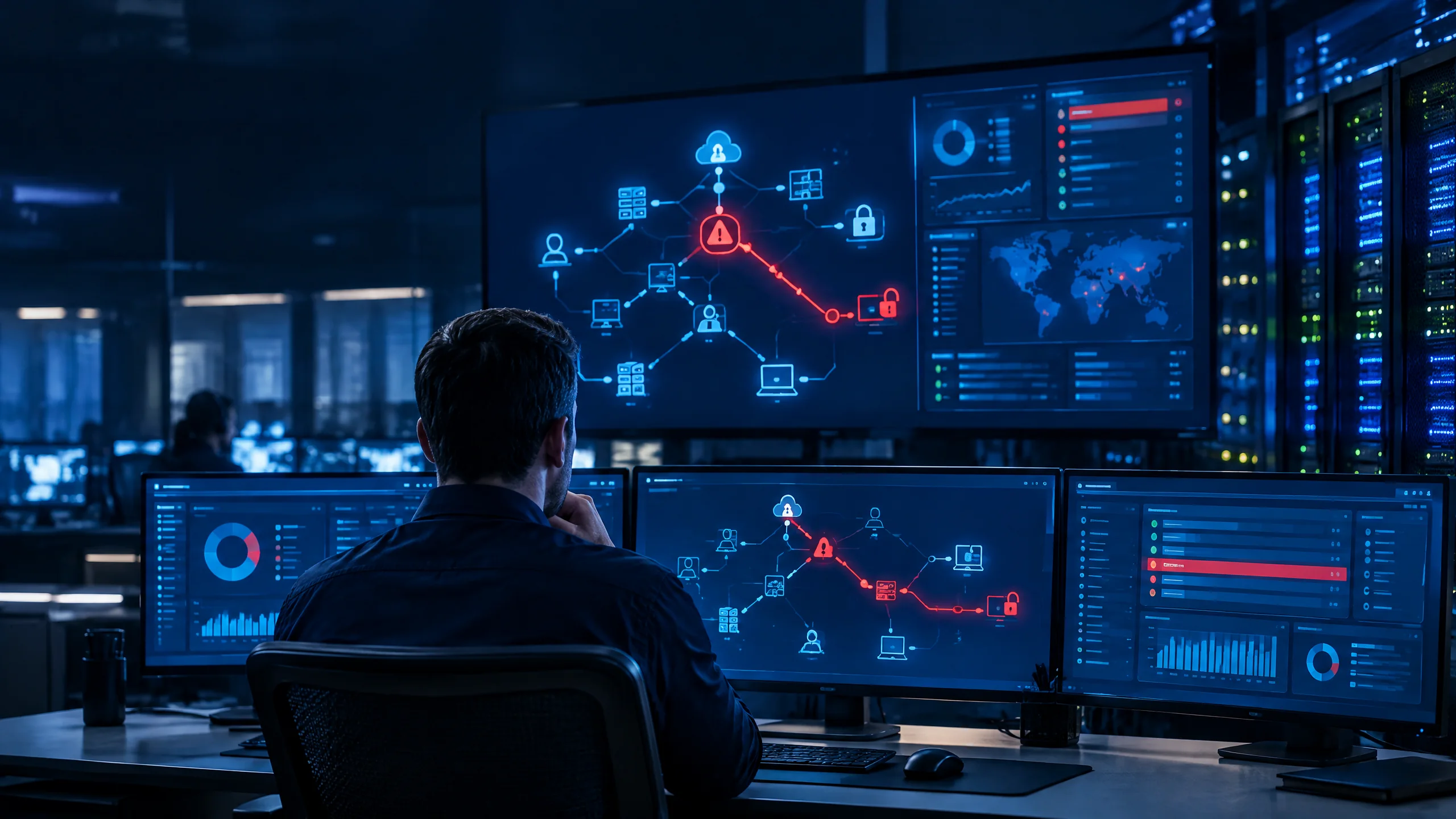 Editorial illustration of a security analyst monitoring network-access and alert dashboards in a server room