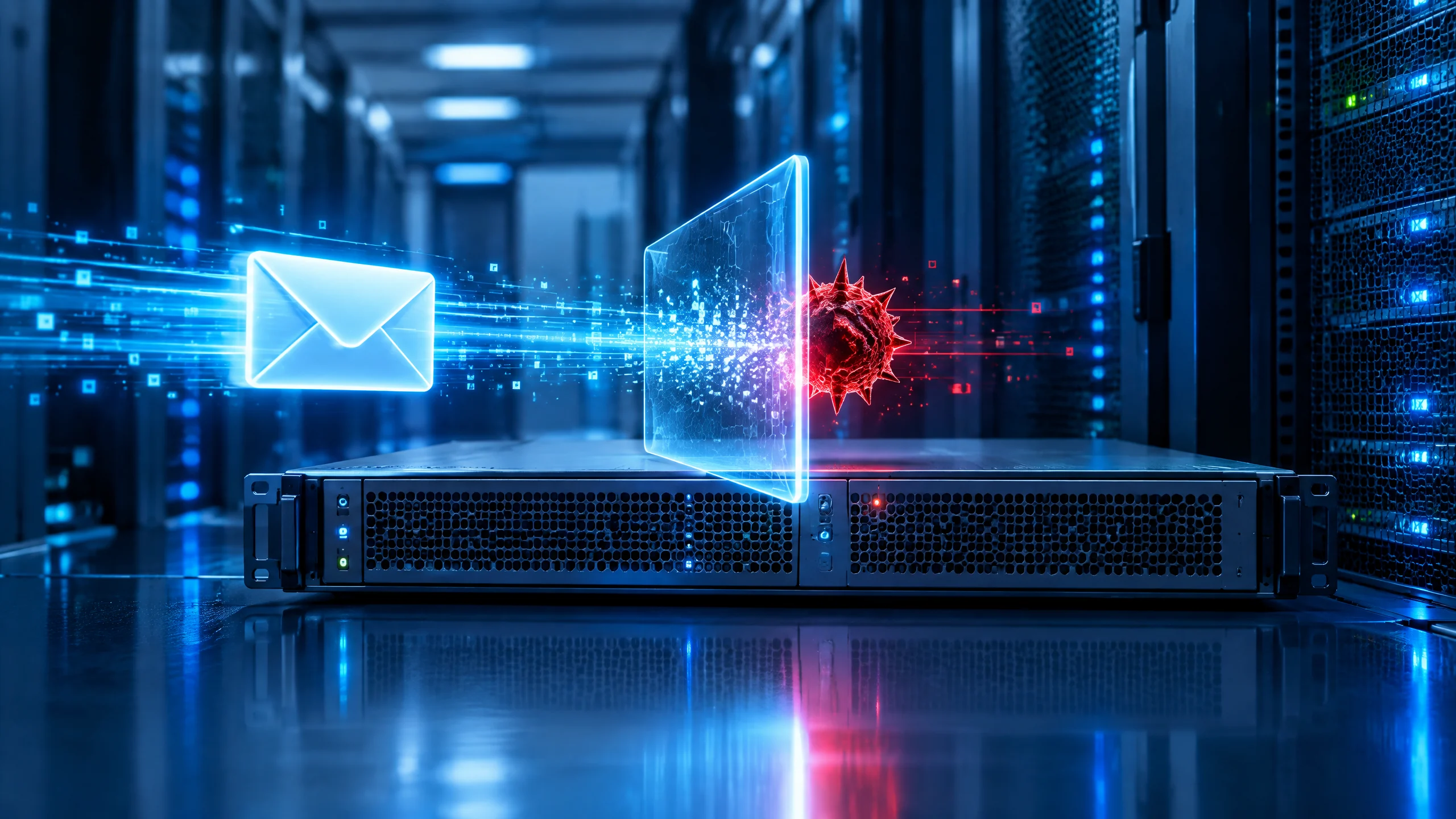 Original editorial illustration of an enterprise email gateway filtering a red cyber threat in a server room