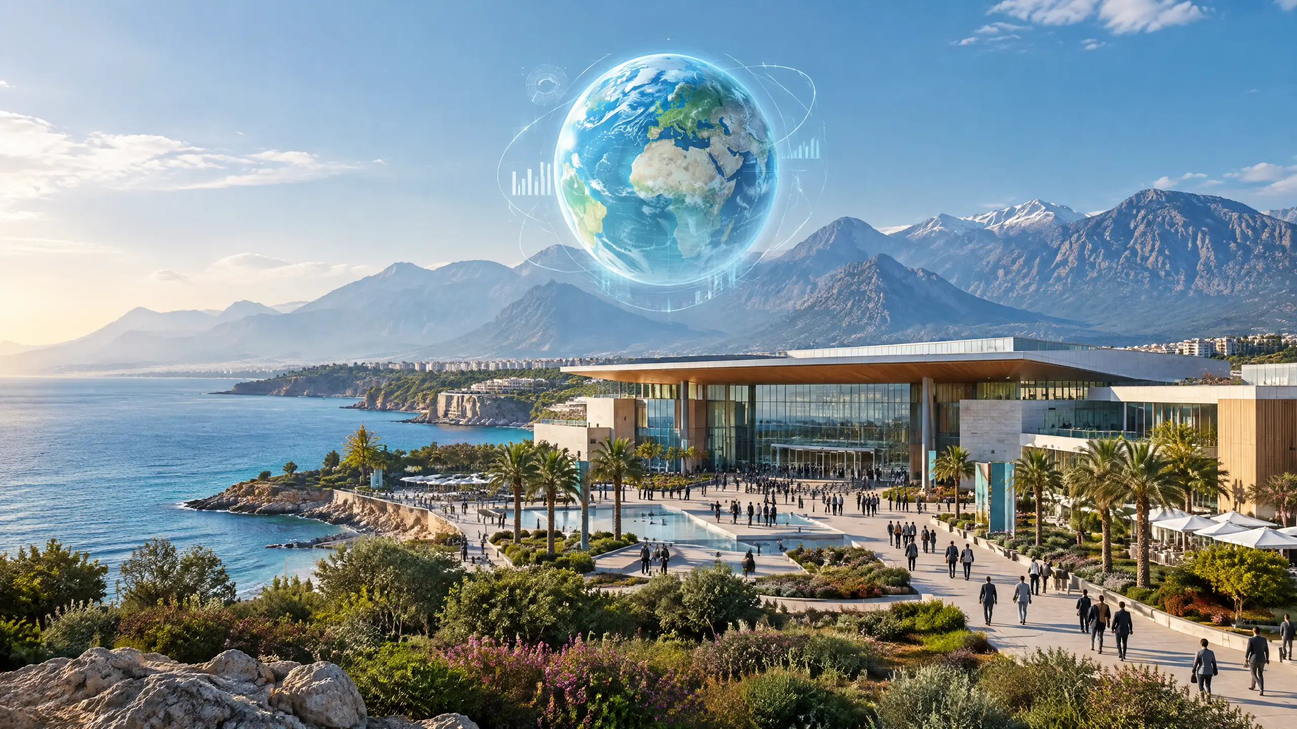 Original editorial illustration of a coastal conference venue in Antalya beneath a digital globe and climate data