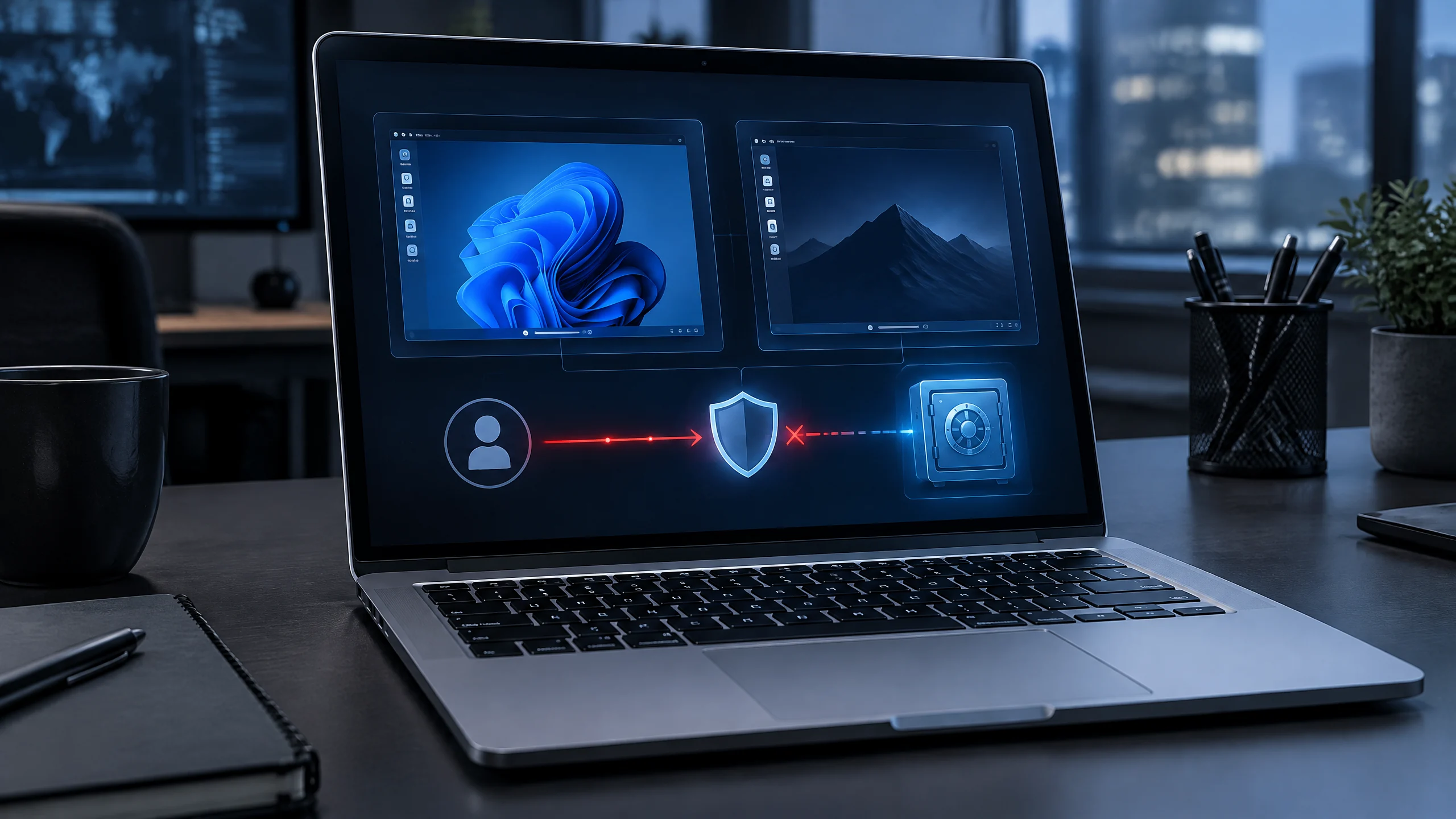 Original editorial illustration of a Mac beside a virtual-machine window and shielded update symbol for the Parallels Desktop security fix