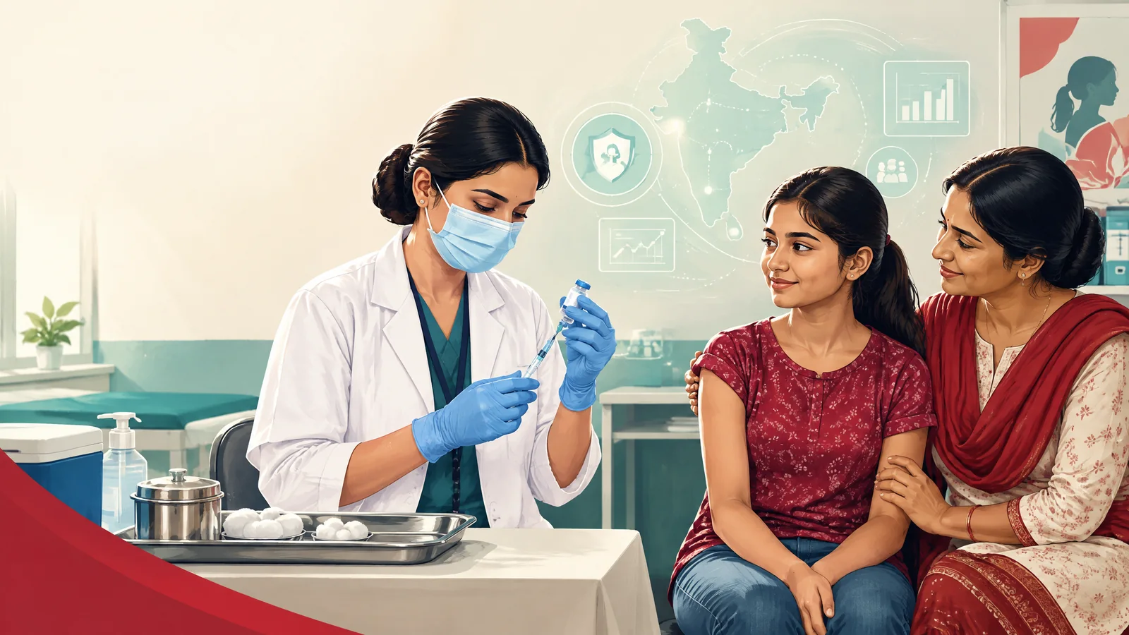 Editorial illustration of a healthcare worker preparing an HPV vaccination with a teenage girl and parent in an Indian clinic