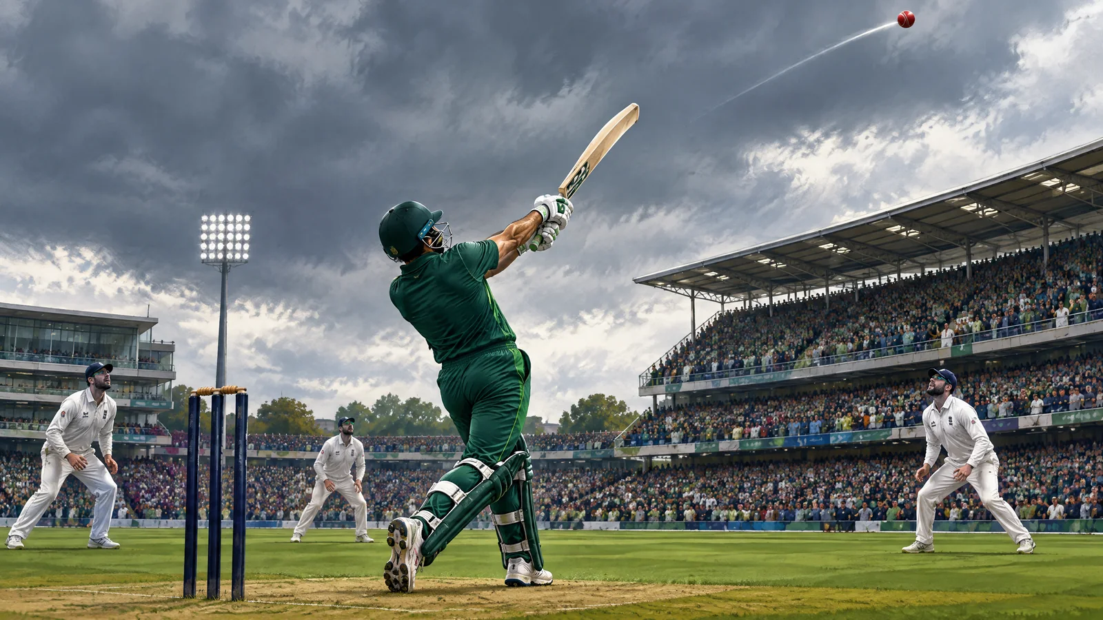 Illustration of a Pakistan batter launching a lofted shot against England at a cloudy Edgbaston ground