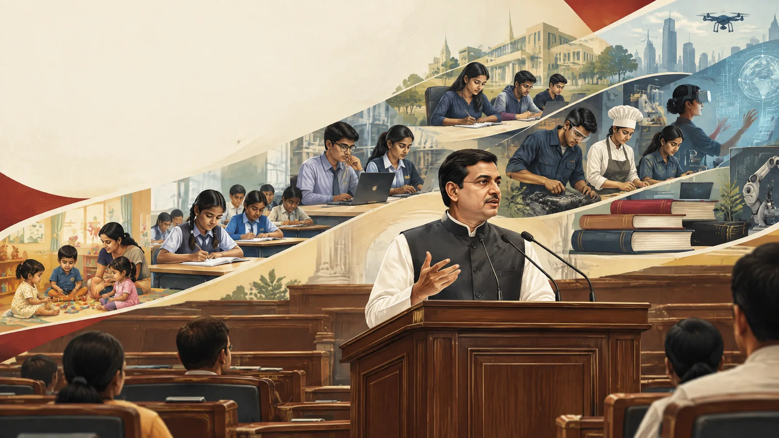 Editorial illustration of a Telangana policy speech with classrooms, higher education and vocational learning in the background
