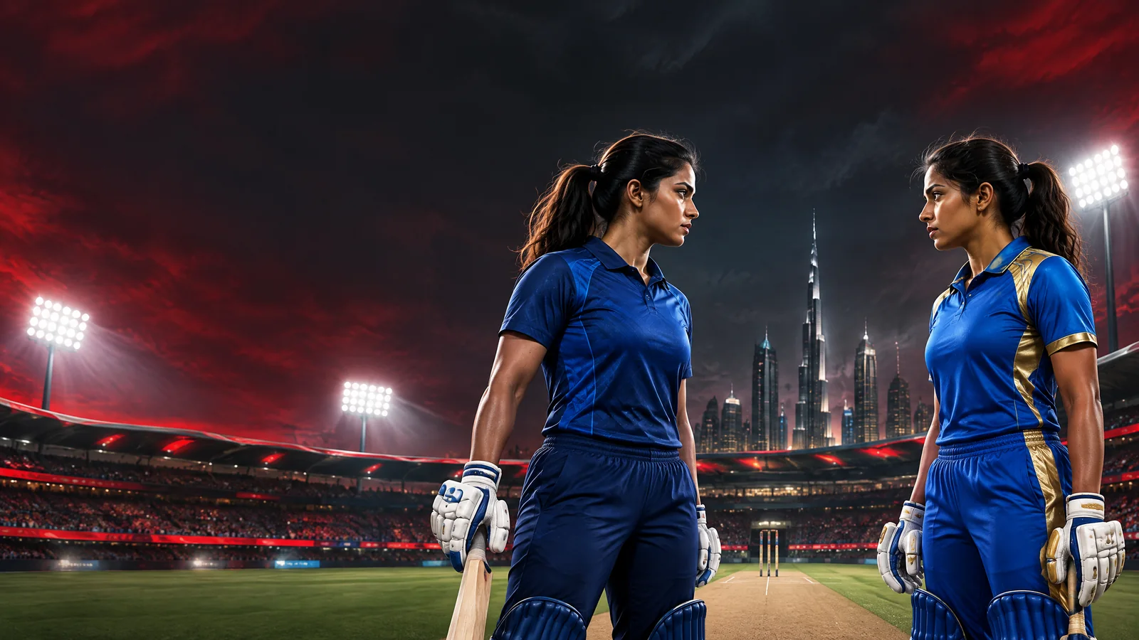Illustration of women cricketers representing India and Sri Lanka facing each other at a Dubai stadium