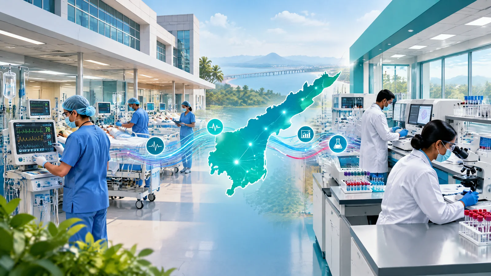Editorial illustration of a critical-care hospital wing and a public-health laboratory connected across Andhra Pradesh