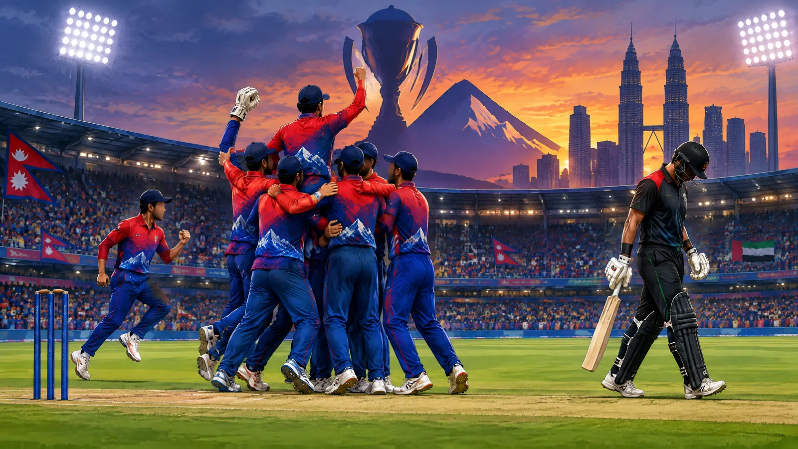 Nepal cricket players celebrate with the ACC Men’s Premier Cup trophy after beating the United Arab Emirates