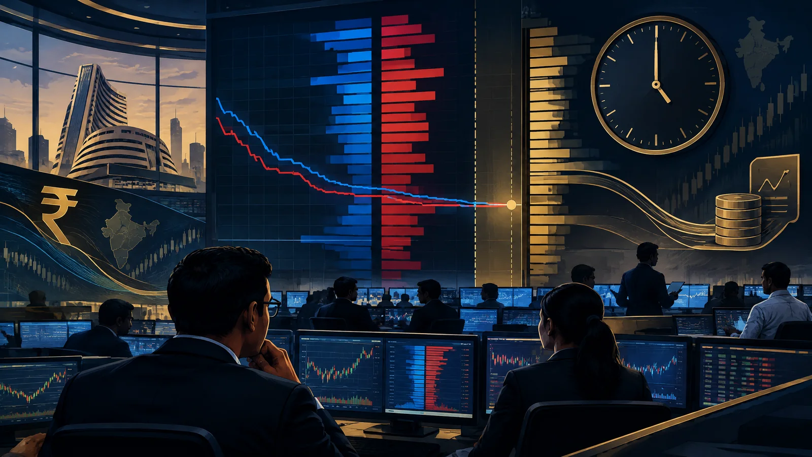 Editorial illustration of an Indian market closing auction and derivatives settlement calculation