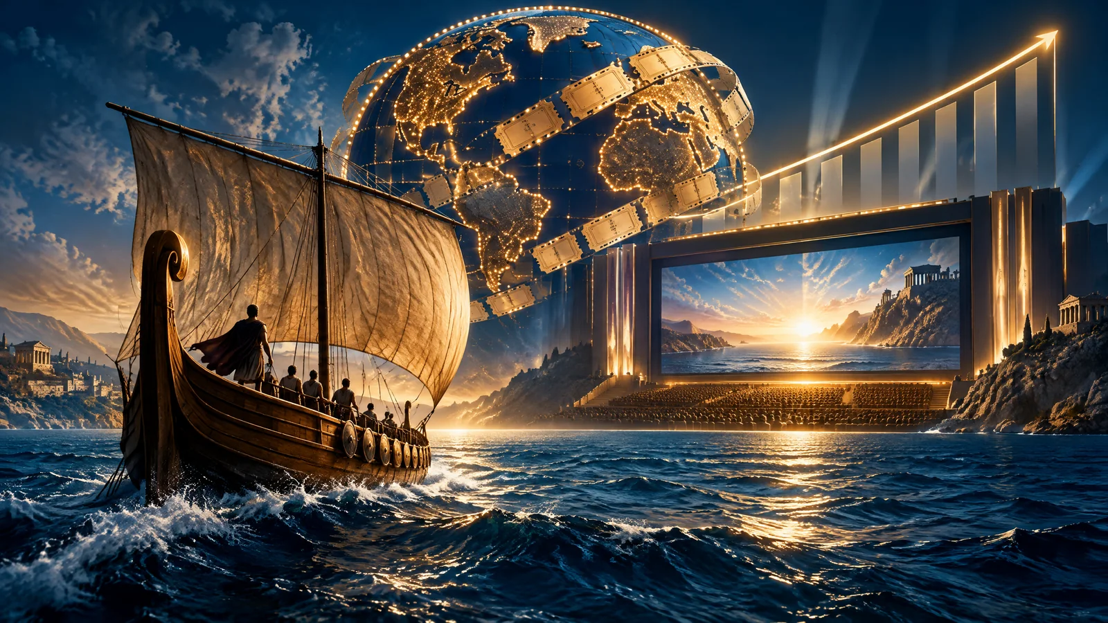 Christopher Nolan’s The Odyssey on a cinema screen beside a worldwide box-office milestone graphic