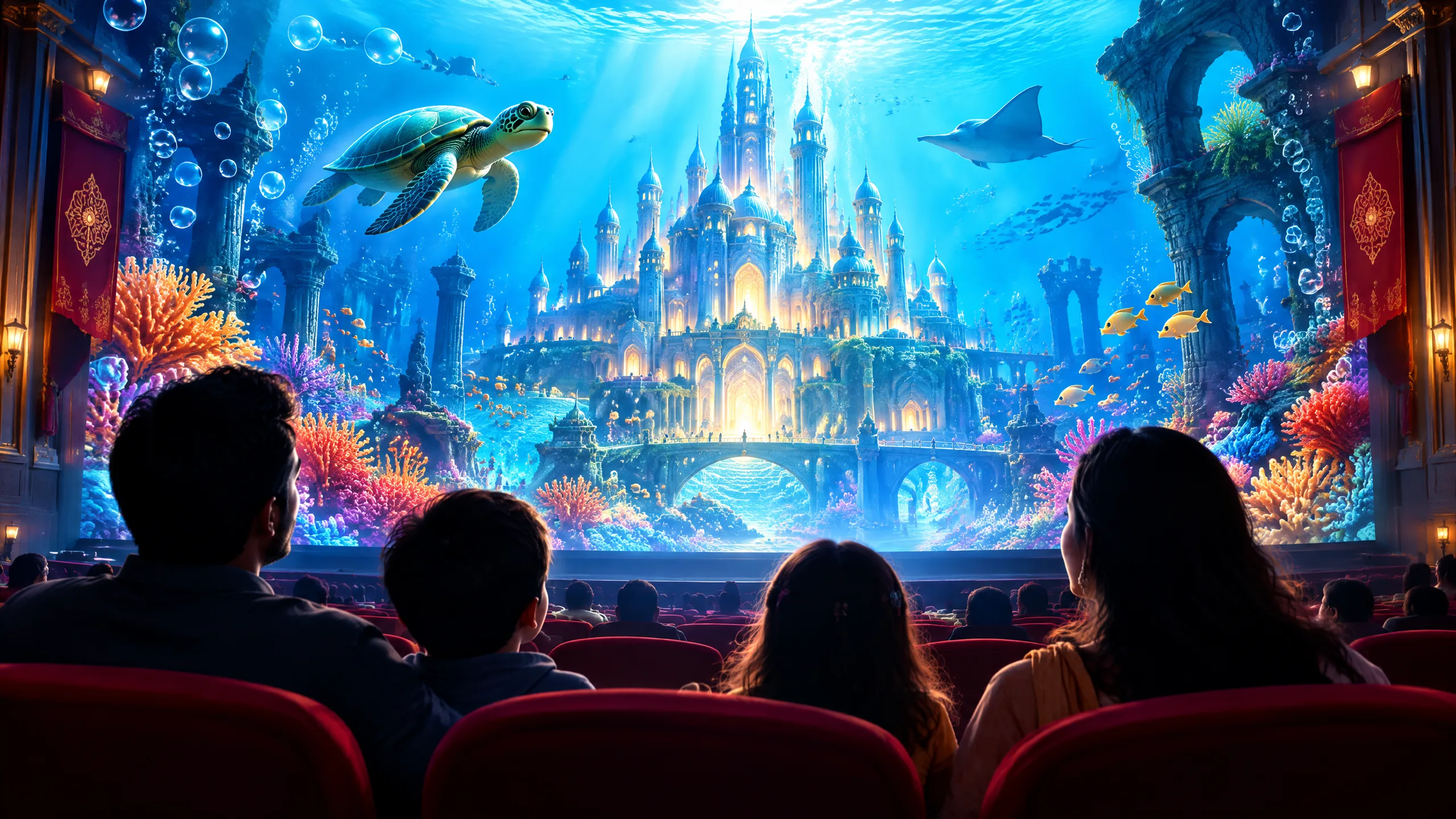Original editorial illustration of an Indian family watching a glowing undersea castle adventure in a cinema, with no protected characters, logos or official film artwork