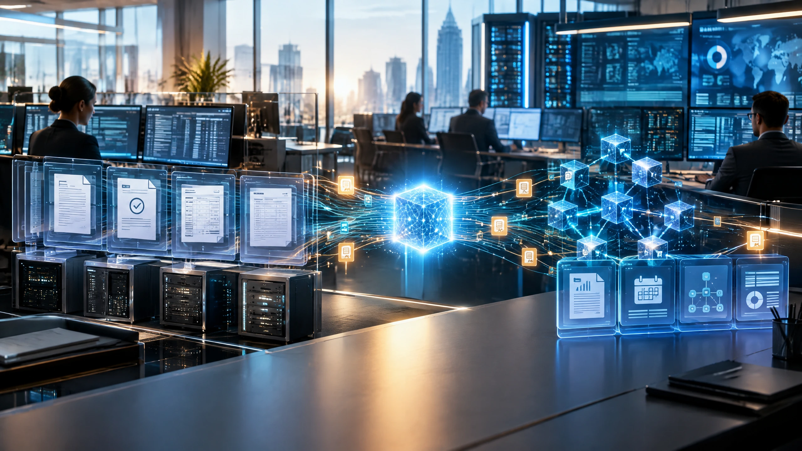 Editorial illustration of secure digital records and fund-processing connections linking financial institutions