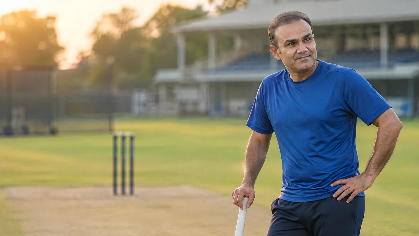 Editorial portrait of Virender Sehwag for a Reddy News career profile