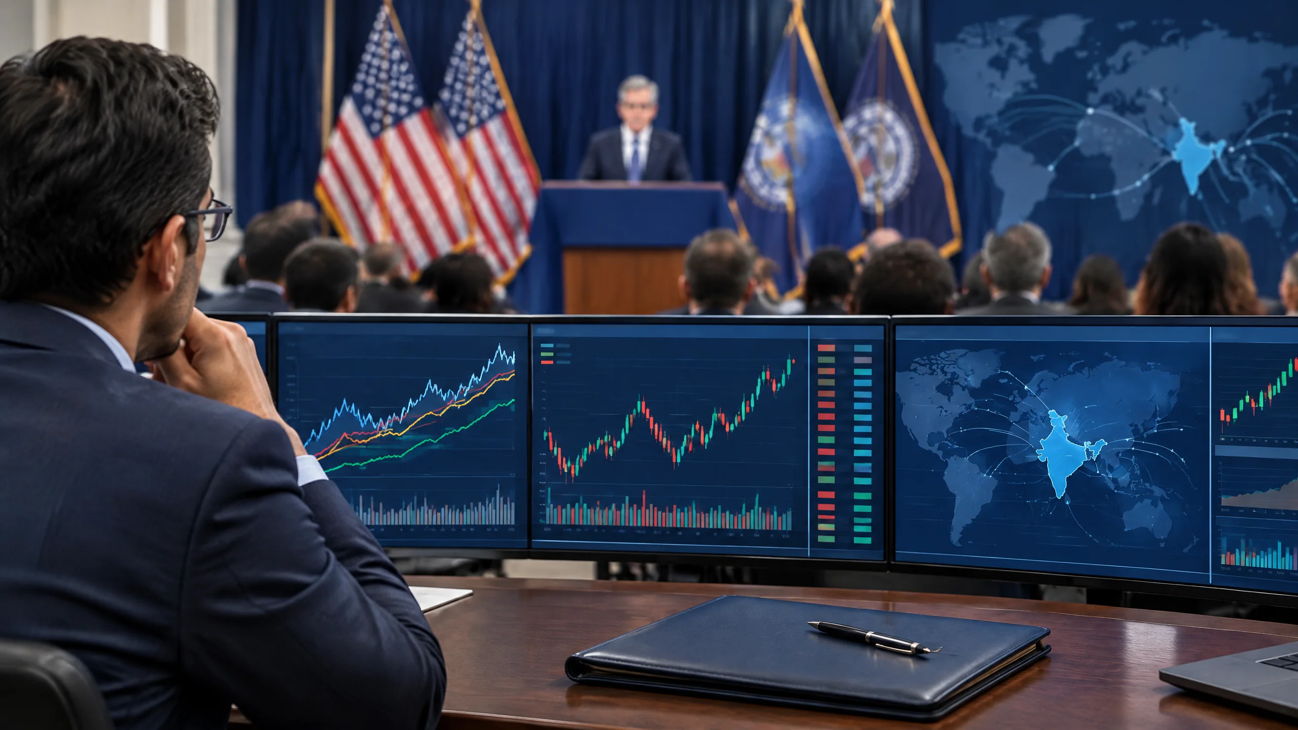 Original editorial illustration of a Federal Reserve press conference viewed from a market desk, with market charts and a world map highlighting India