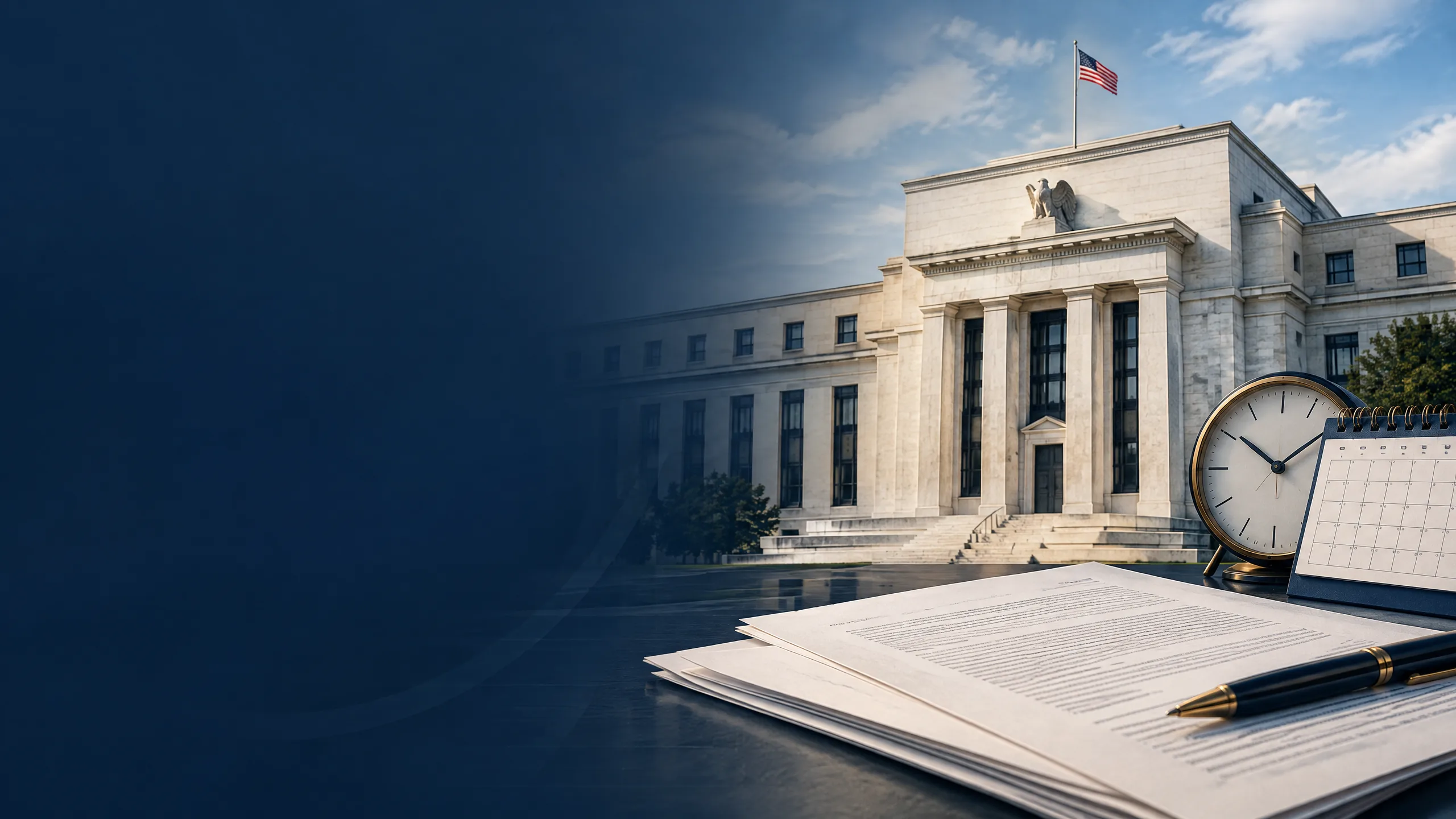 Federal Reserve building and a clock marking the October 7, 2026 FOMC minutes release time in India