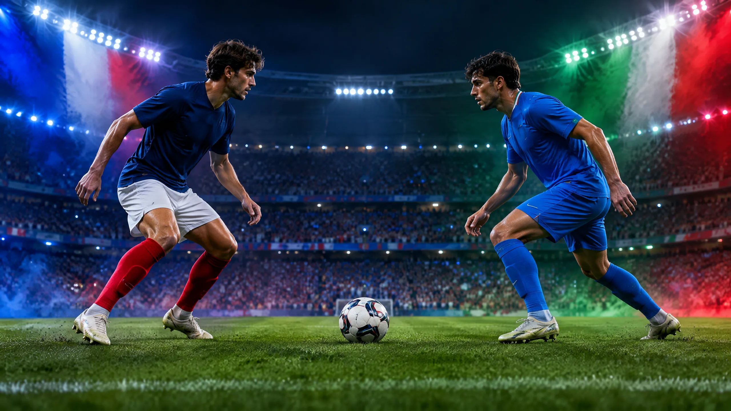 Original editorial illustration of France and Italy football shirts facing each other beneath stadium floodlights, with a stylised Stade de France backdrop
