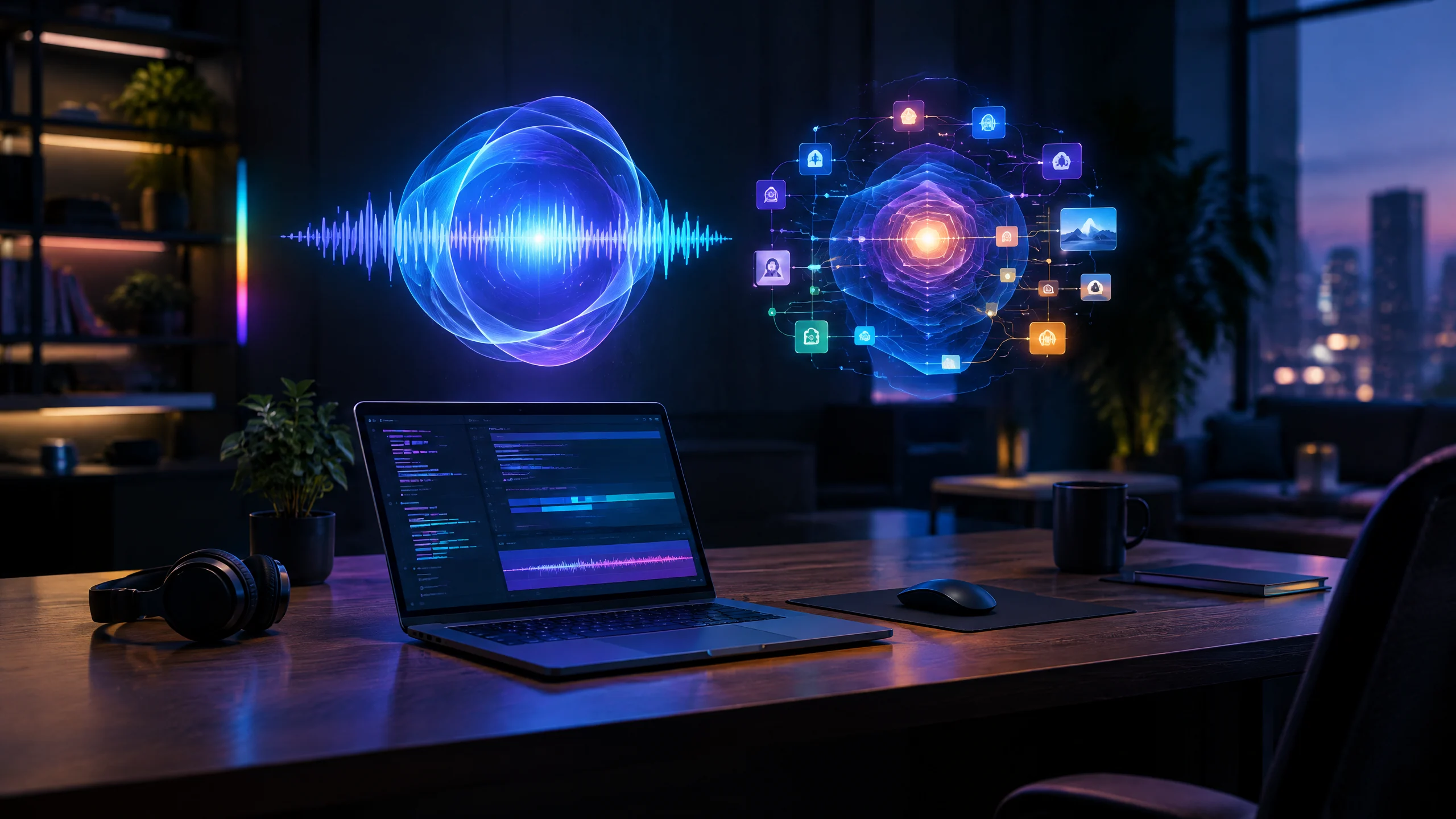 Original editorial illustration of a developer speaking to a laptop while audio waveforms and task cards connect to a cloud AI service
