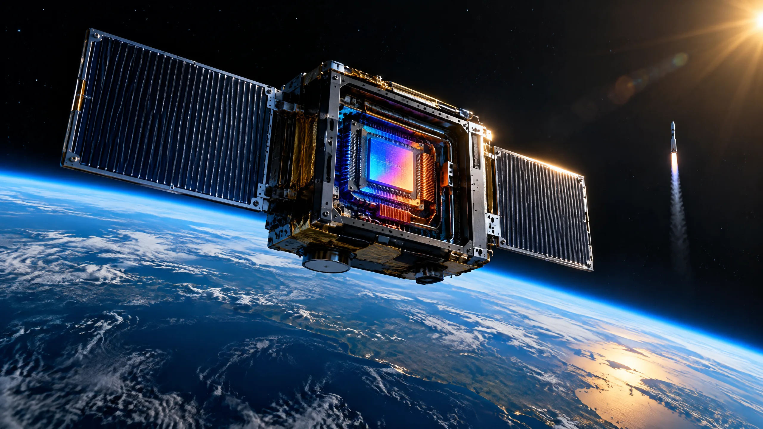 Original editorial illustration of a compact AI-chip research satellite above Earth with radiators and a distant launch trajectory