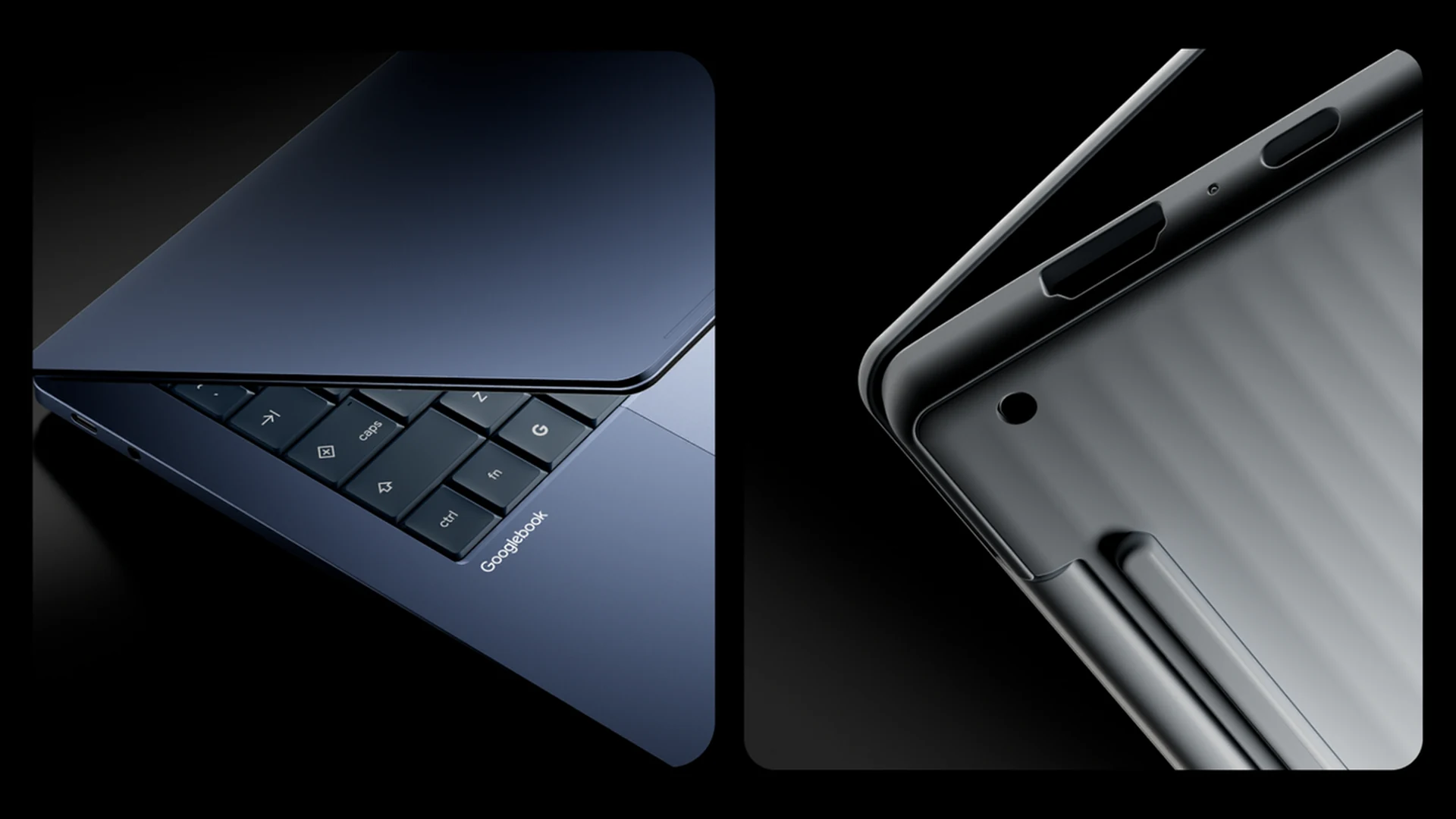 Official Google image showing close-up views of the Googlebook laptop chassis, keyboard, ports and hinge