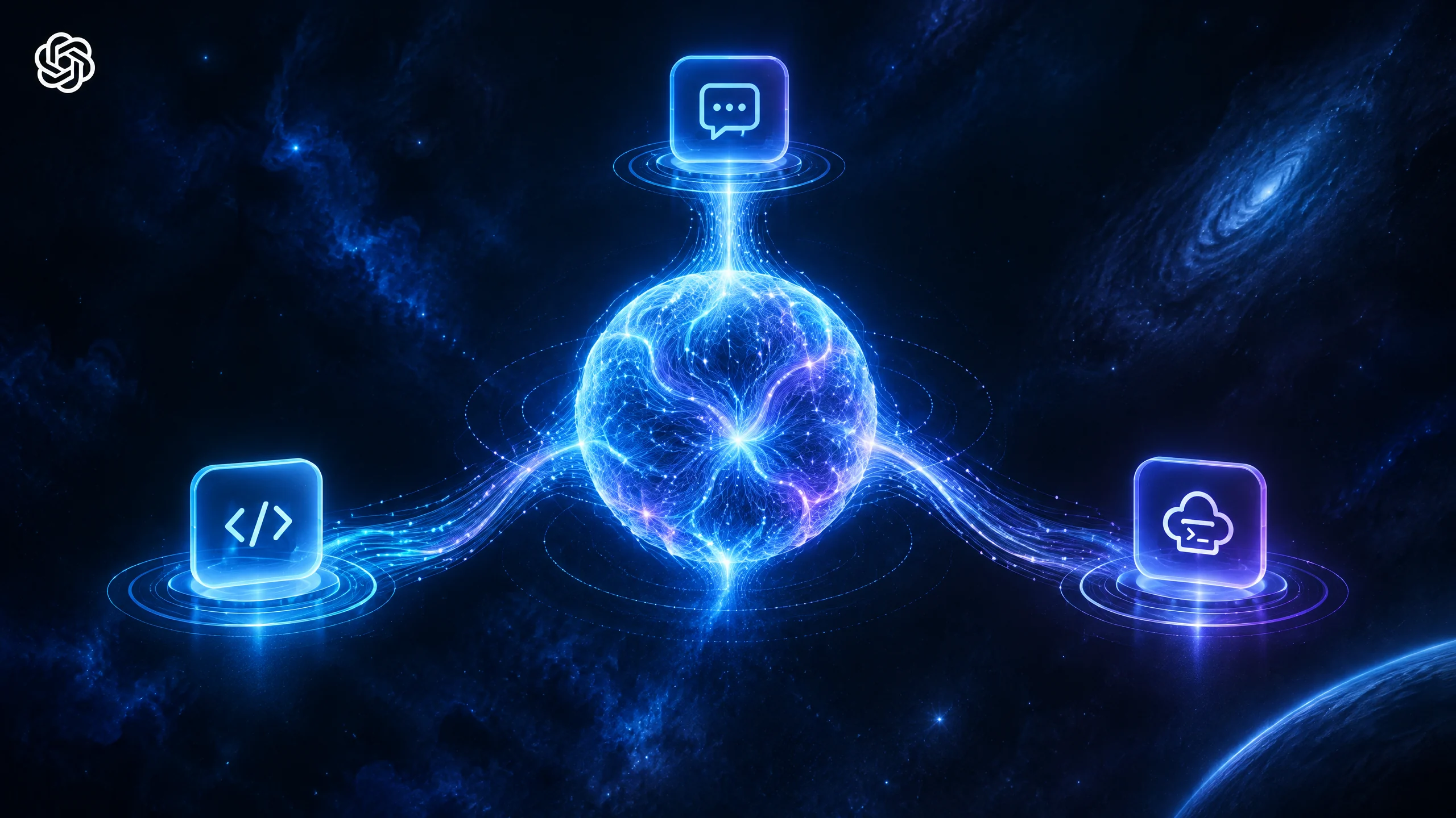 Original editorial illustration of an OpenAI-branded neural core connecting ChatGPT Work, coding and API access paths