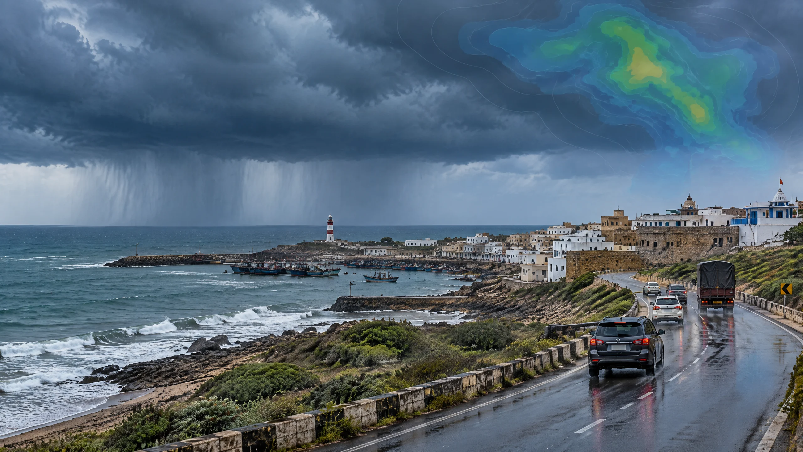 Wet coastal road by a harbour beneath storm clouds and a weather-radar graphic