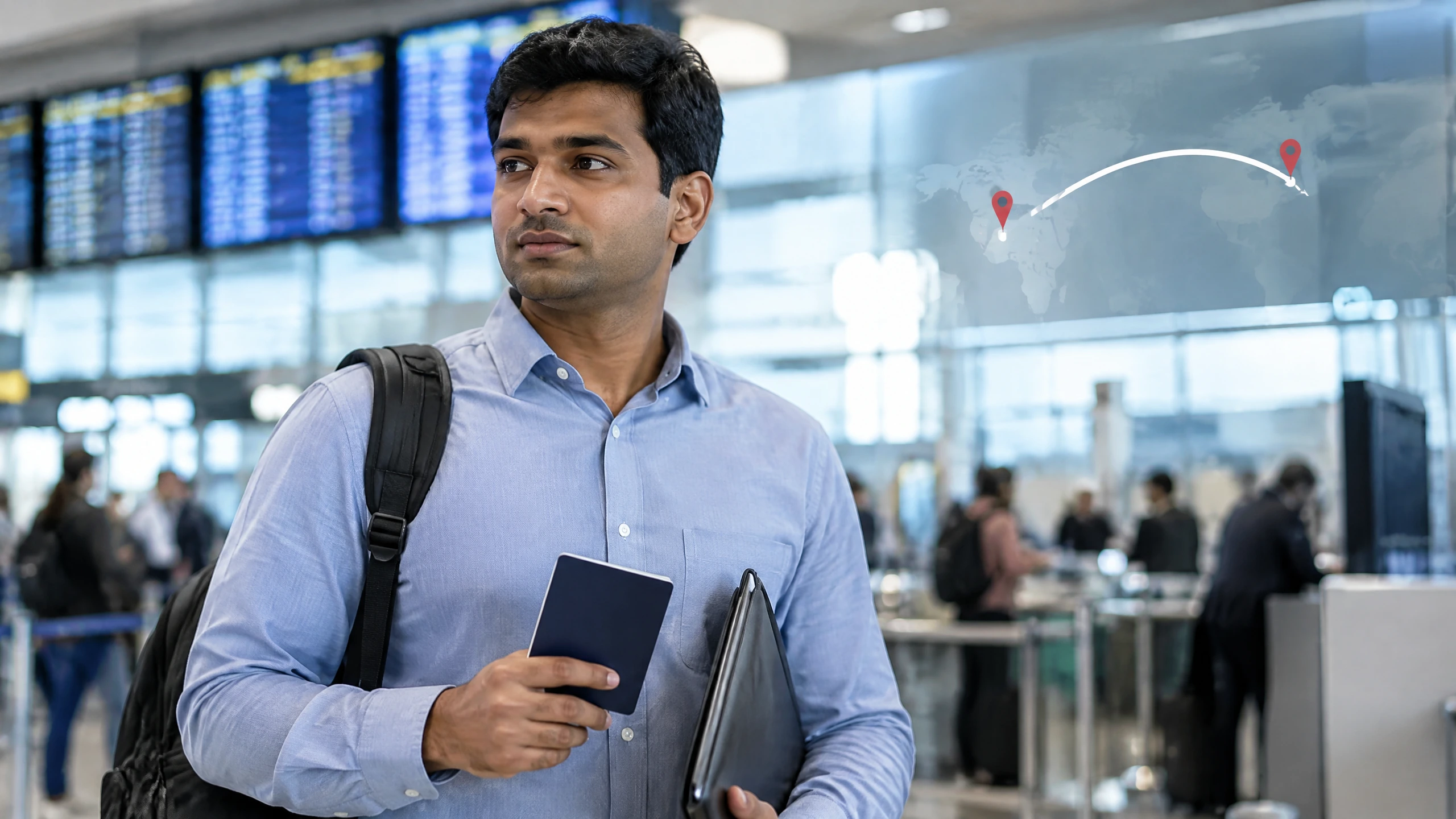 Original editorial photograph of an Indian technology professional reviewing global mobility documents at an airport