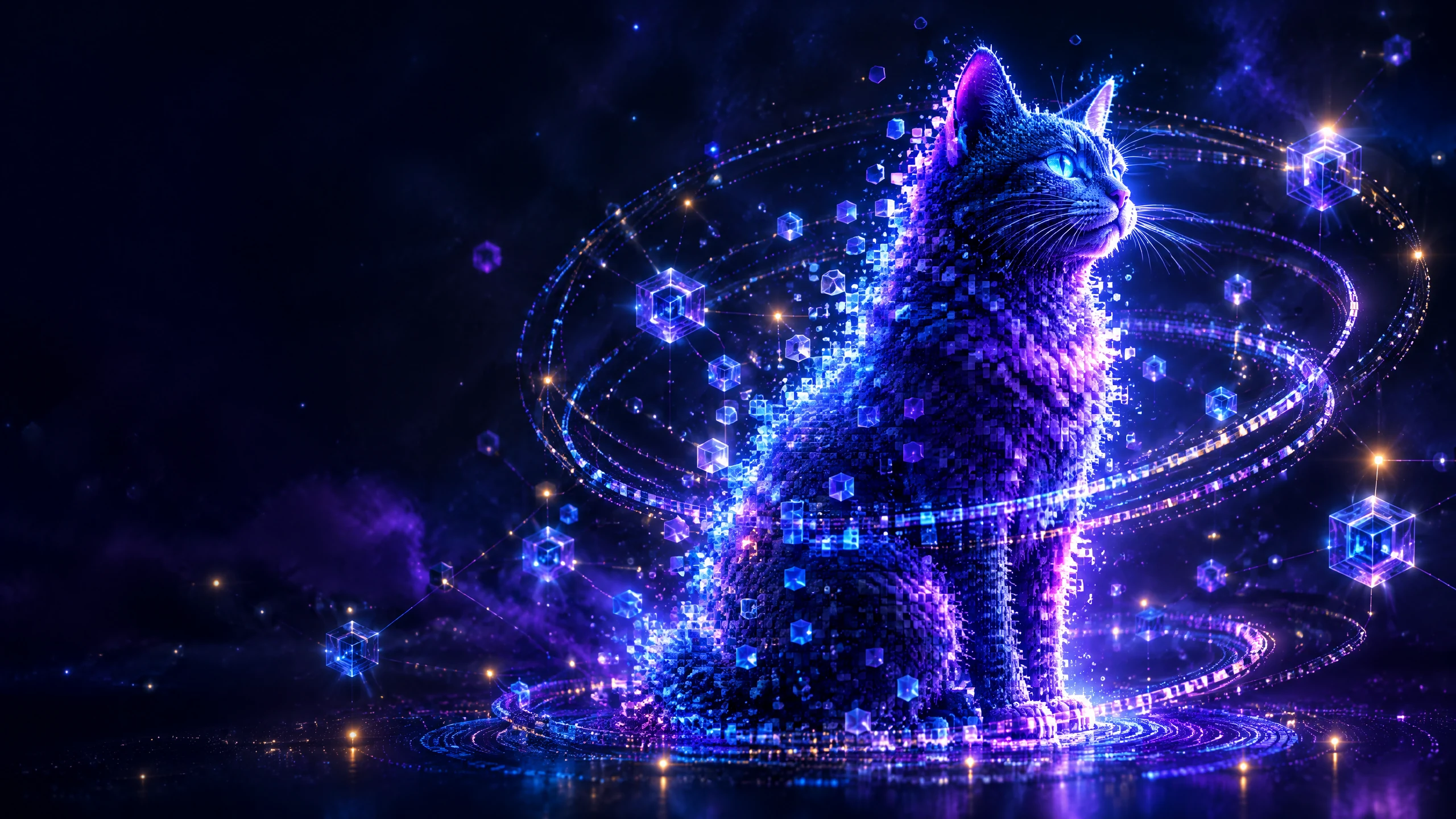 Original editorial illustration of a violet digital cat surrounded by cryptographic particles and blockchain data orbits