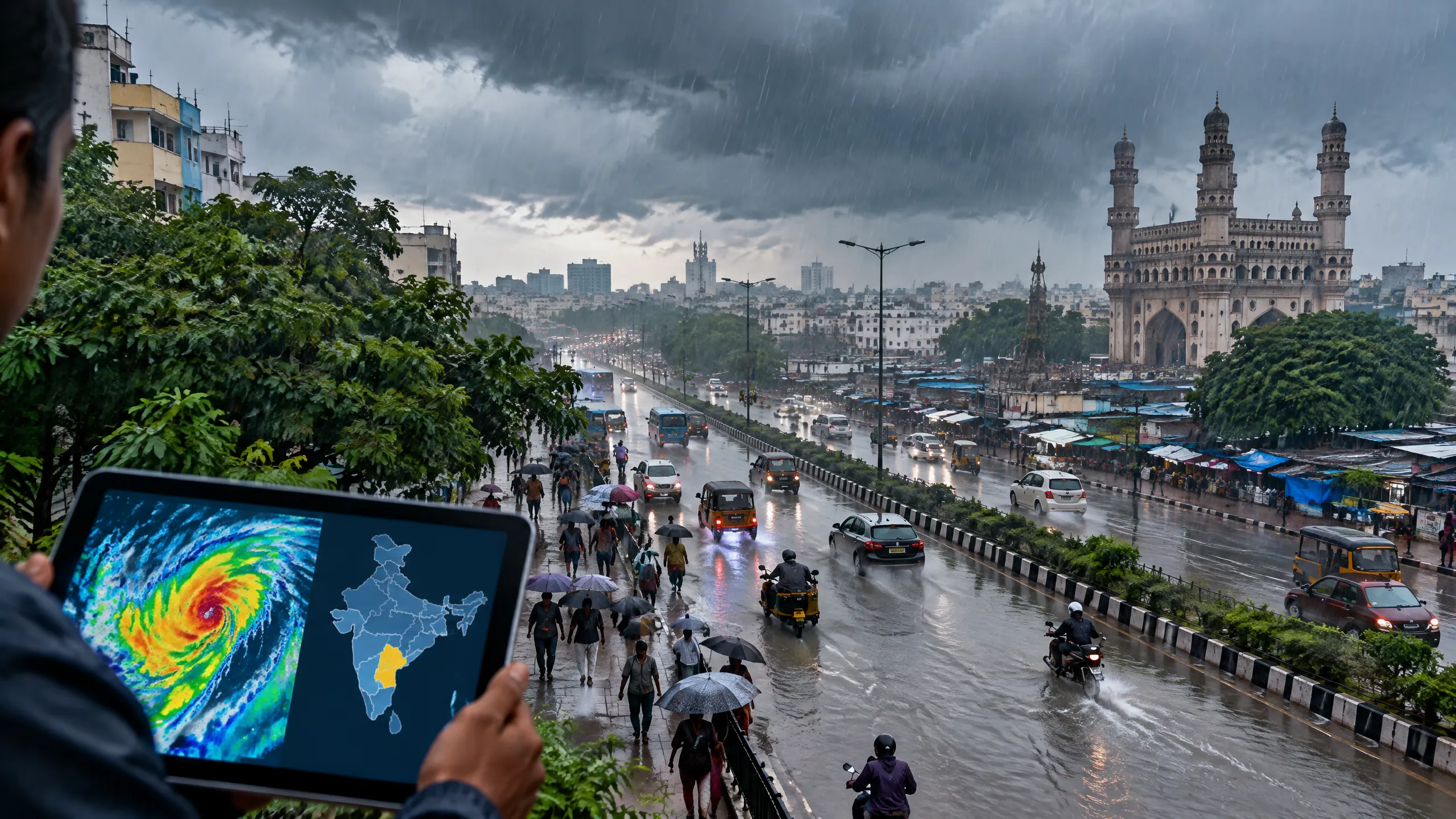 Original editorial illustration of a rain-filled India map beside a weather radar screen and a person checking an official forecast on a phone