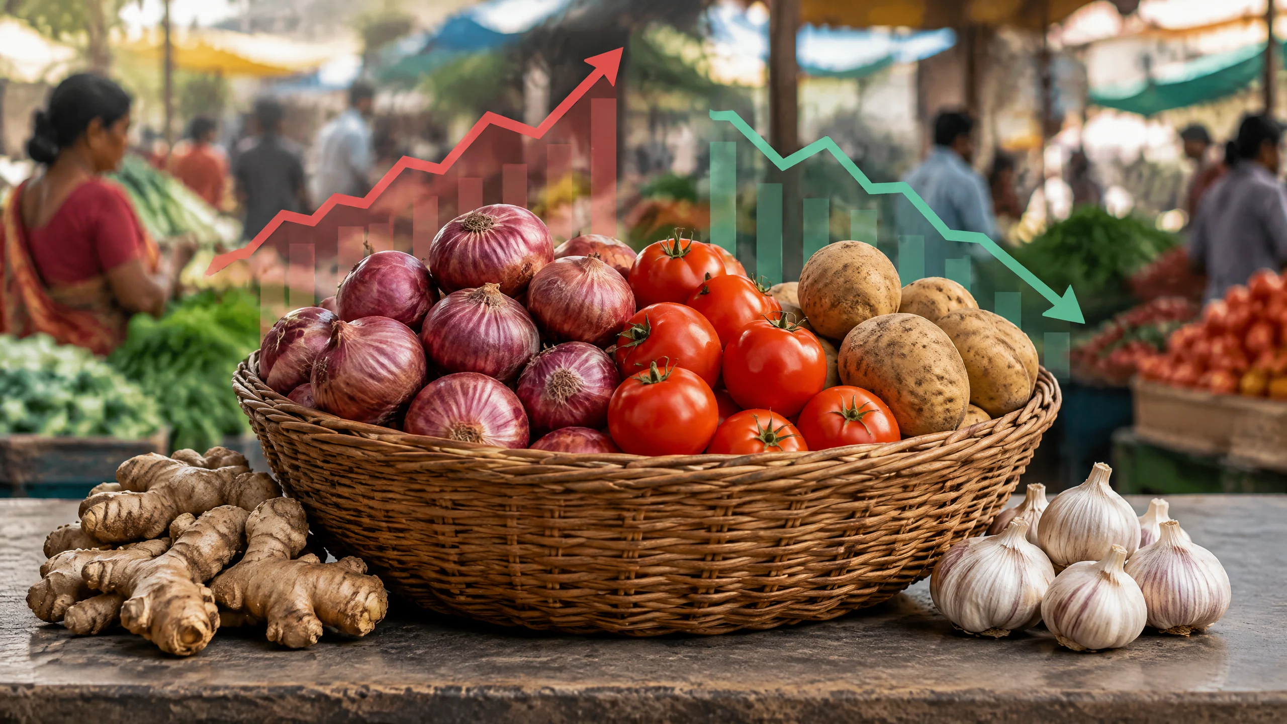 Market basket of onions, tomatoes and potatoes with rising and falling price charts