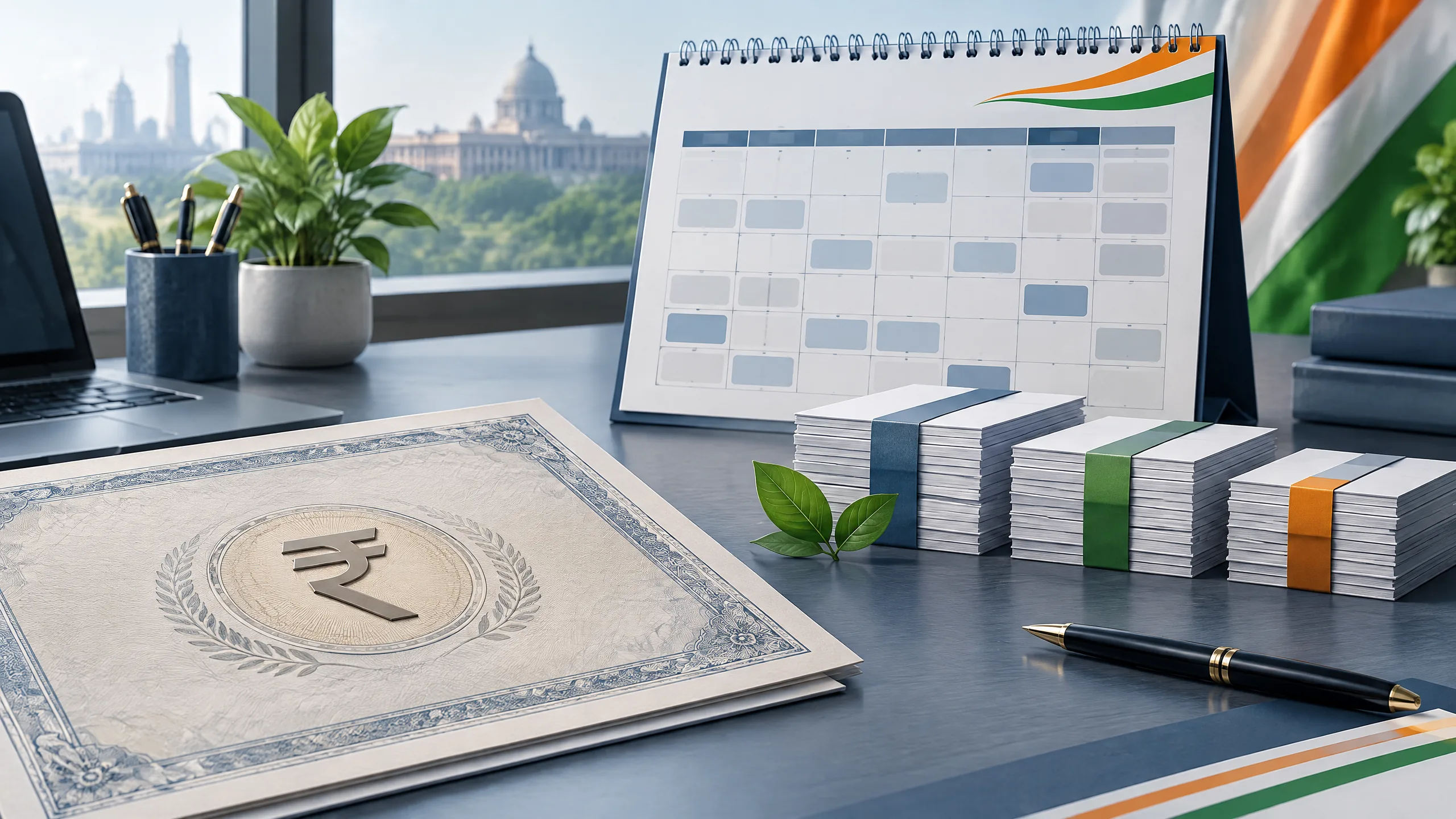 Original editorial illustration of an India G-sec auction calendar with a rupee bond certificate and green-bond motif