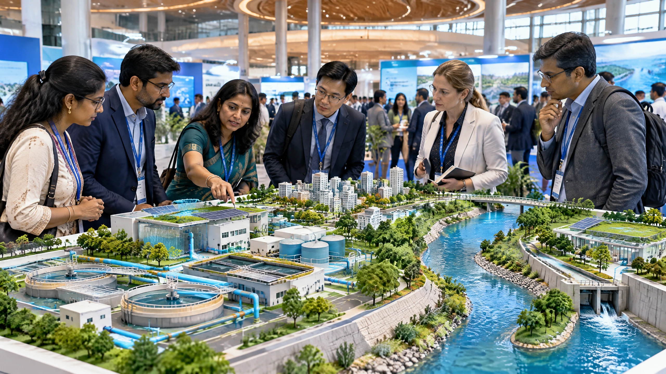 Original editorial representation of delegates reviewing water technology and climate-resilient infrastructure in New Delhi