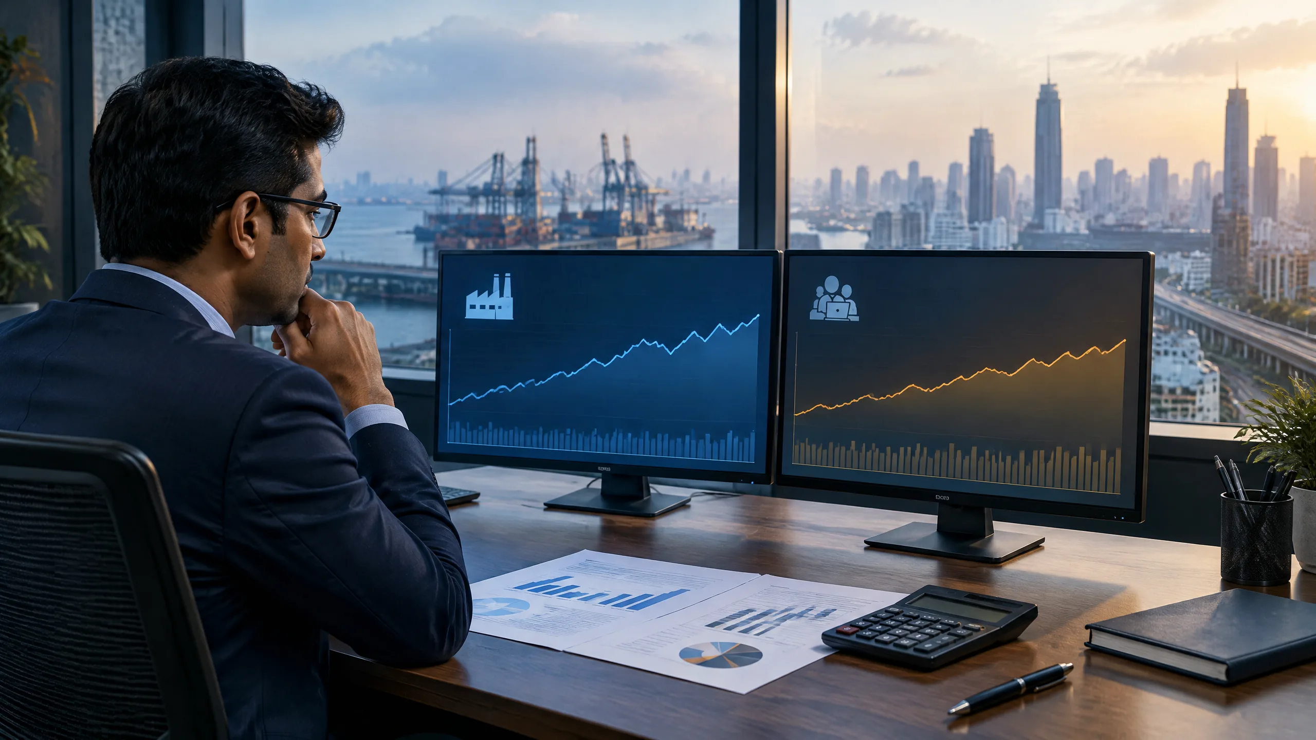Original editorial illustration of a Mumbai market analyst comparing manufacturing and services survey charts on a desk