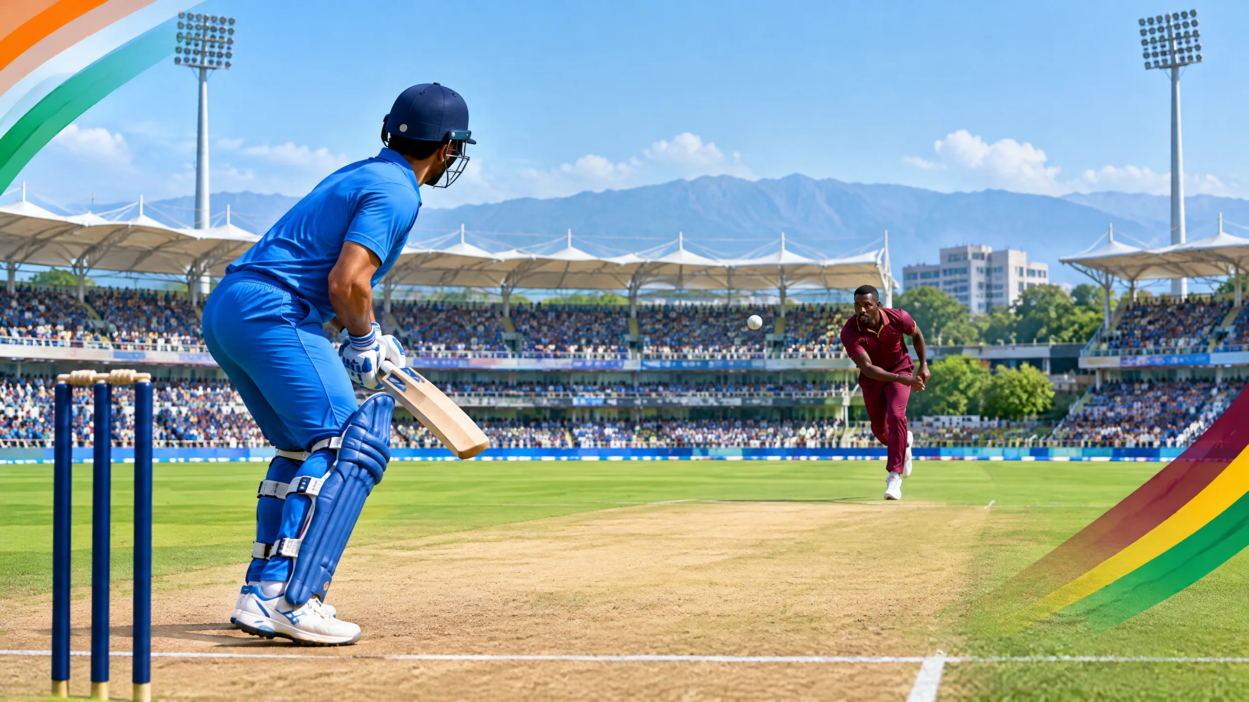 Original editorial illustration of generic blue- and maroon-clad cricketers in a bright New Chandigarh-style stadium before an ODI, with no player likenesses, logos or result claim
