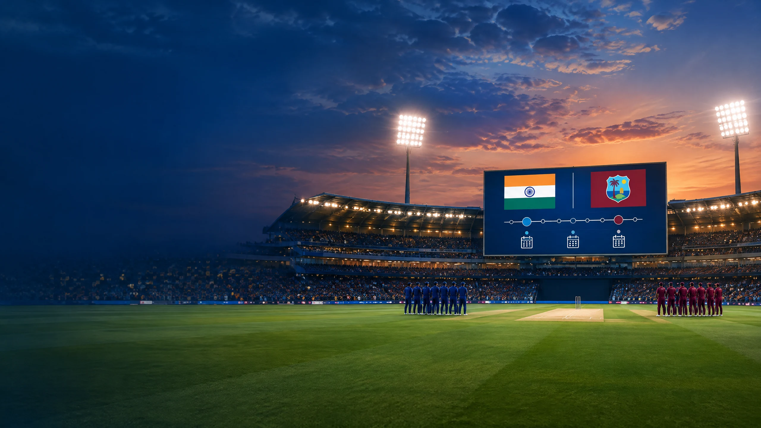 Original editorial illustration of an India and West Indies cricket fixture in a floodlit stadium before the match, with generic players and no result or prediction