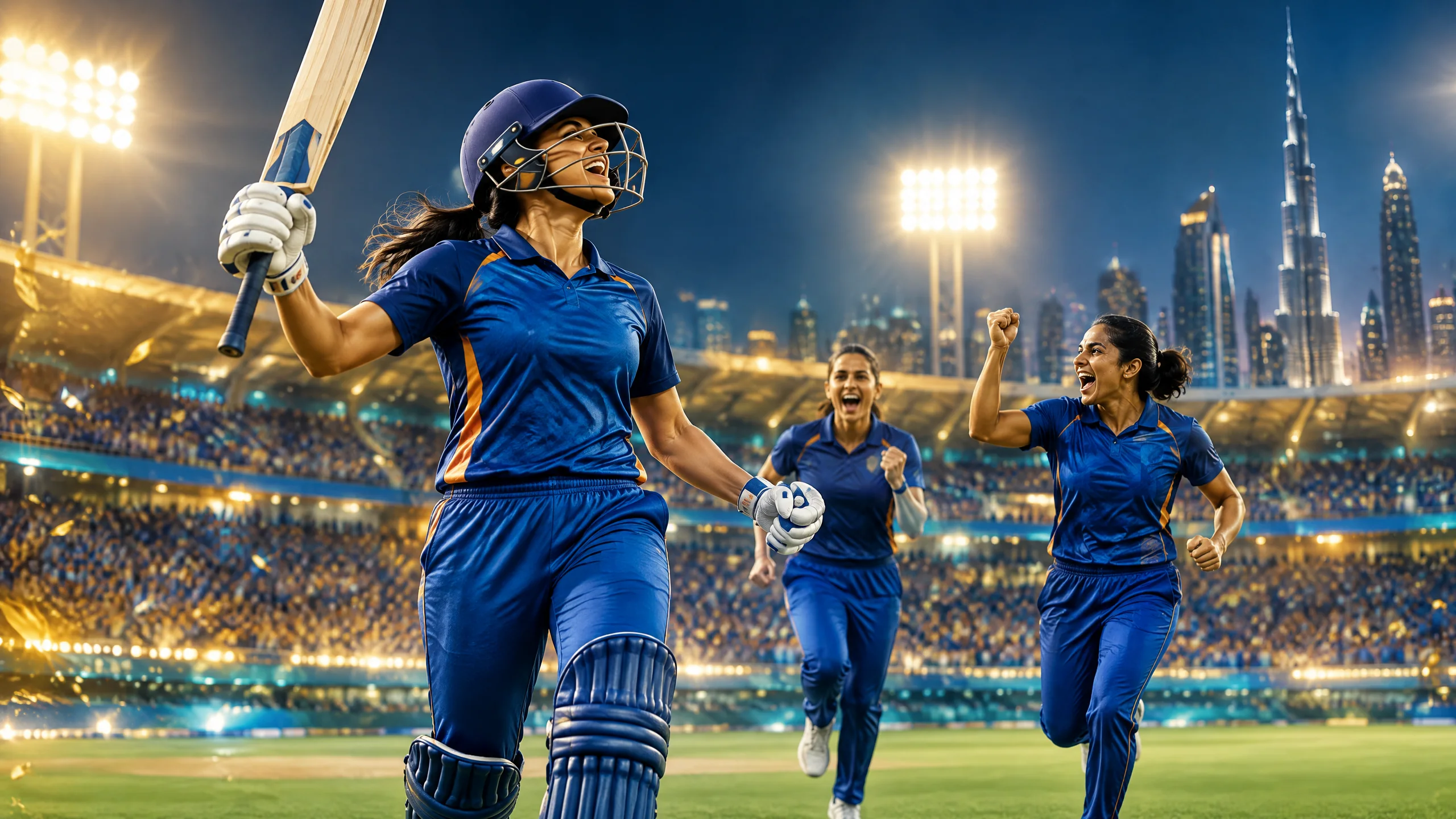 Original editorial illustration of women cricketers celebrating under stadium lights after a championship final