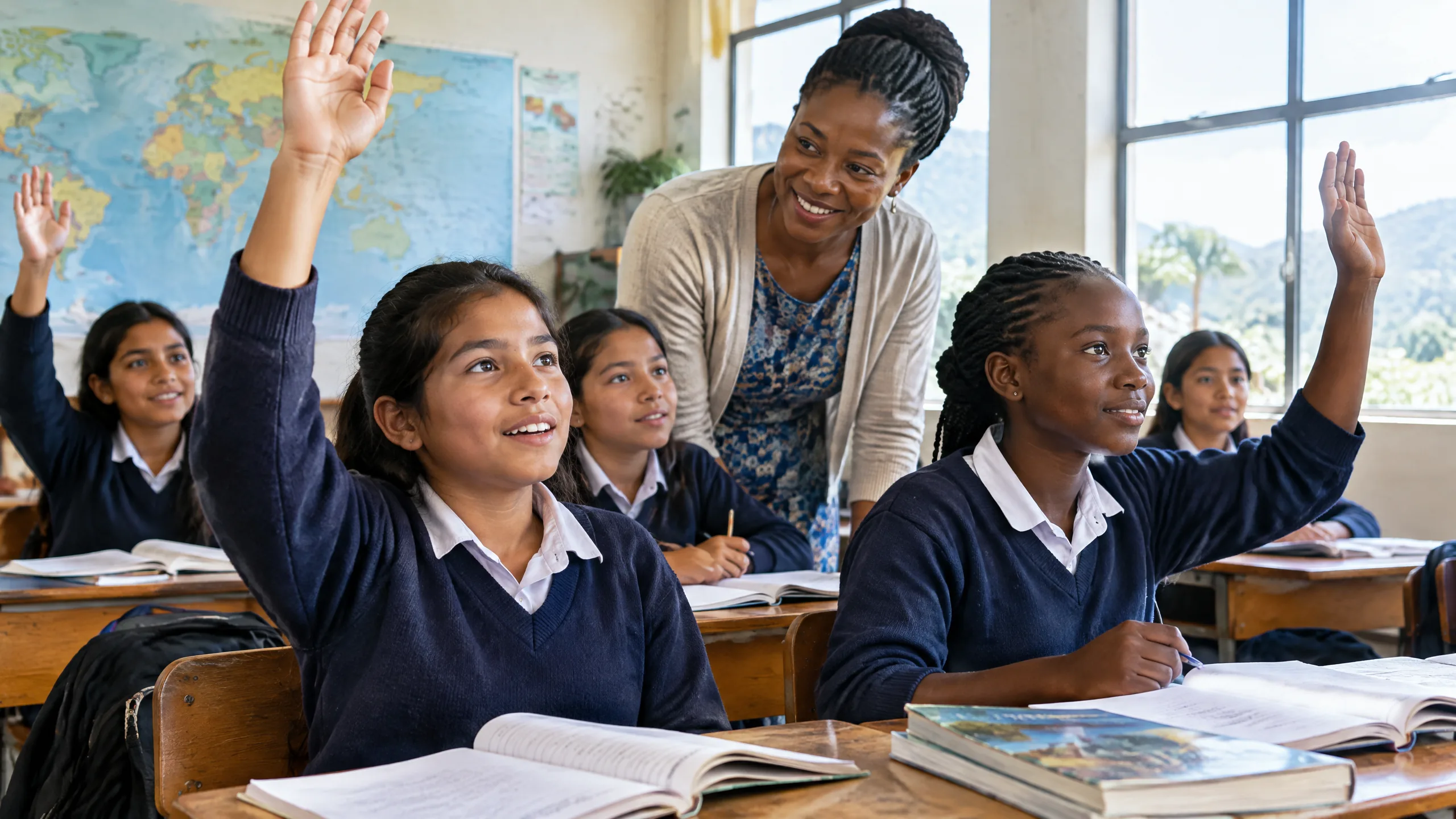 Non-identifying editorial illustration of girls learning and sharing ideas ahead of International Day of the Girl Child 2026