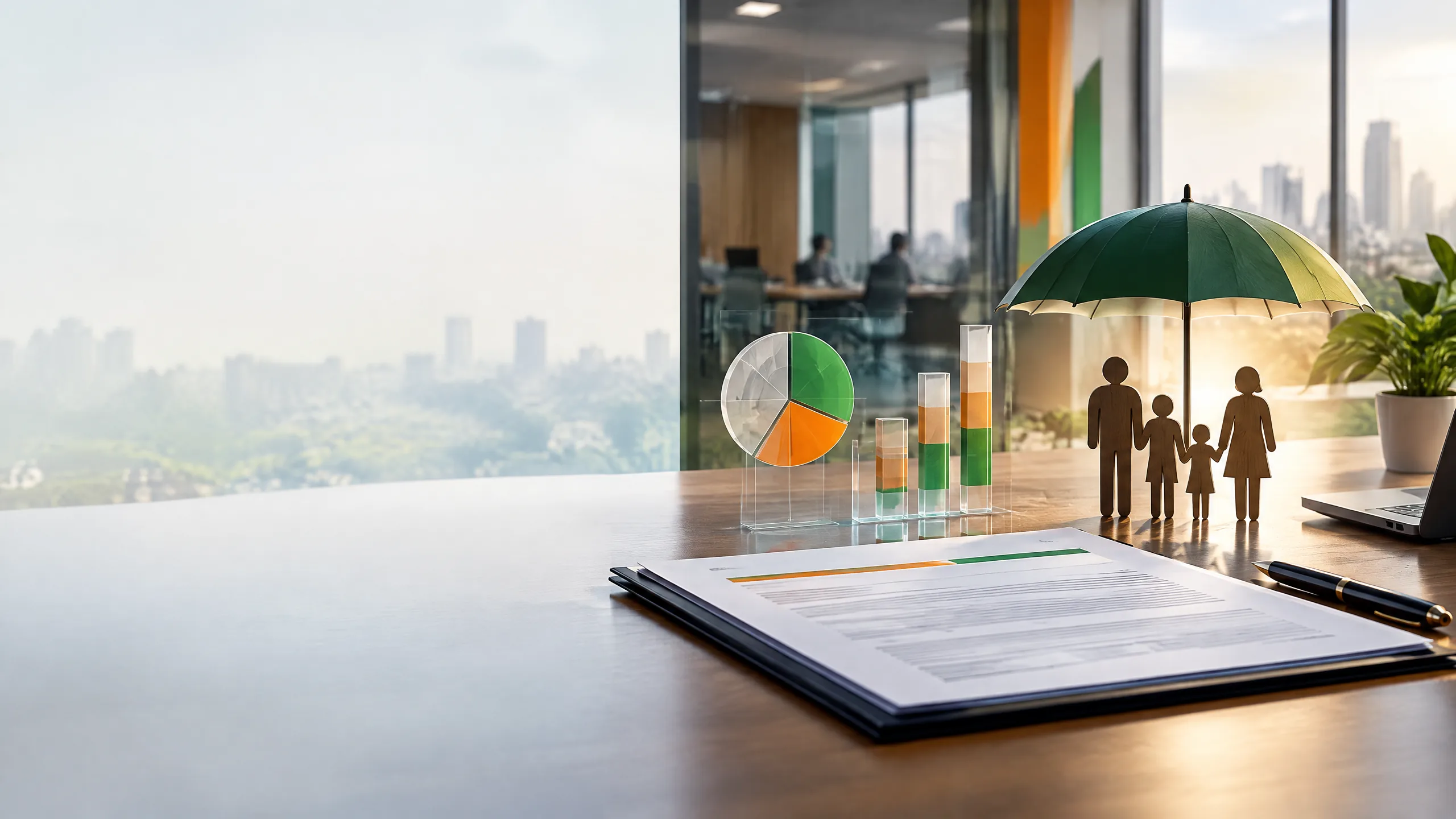 Insurance policy documents, cost charts and a family protected by an umbrella in an Indian office setting