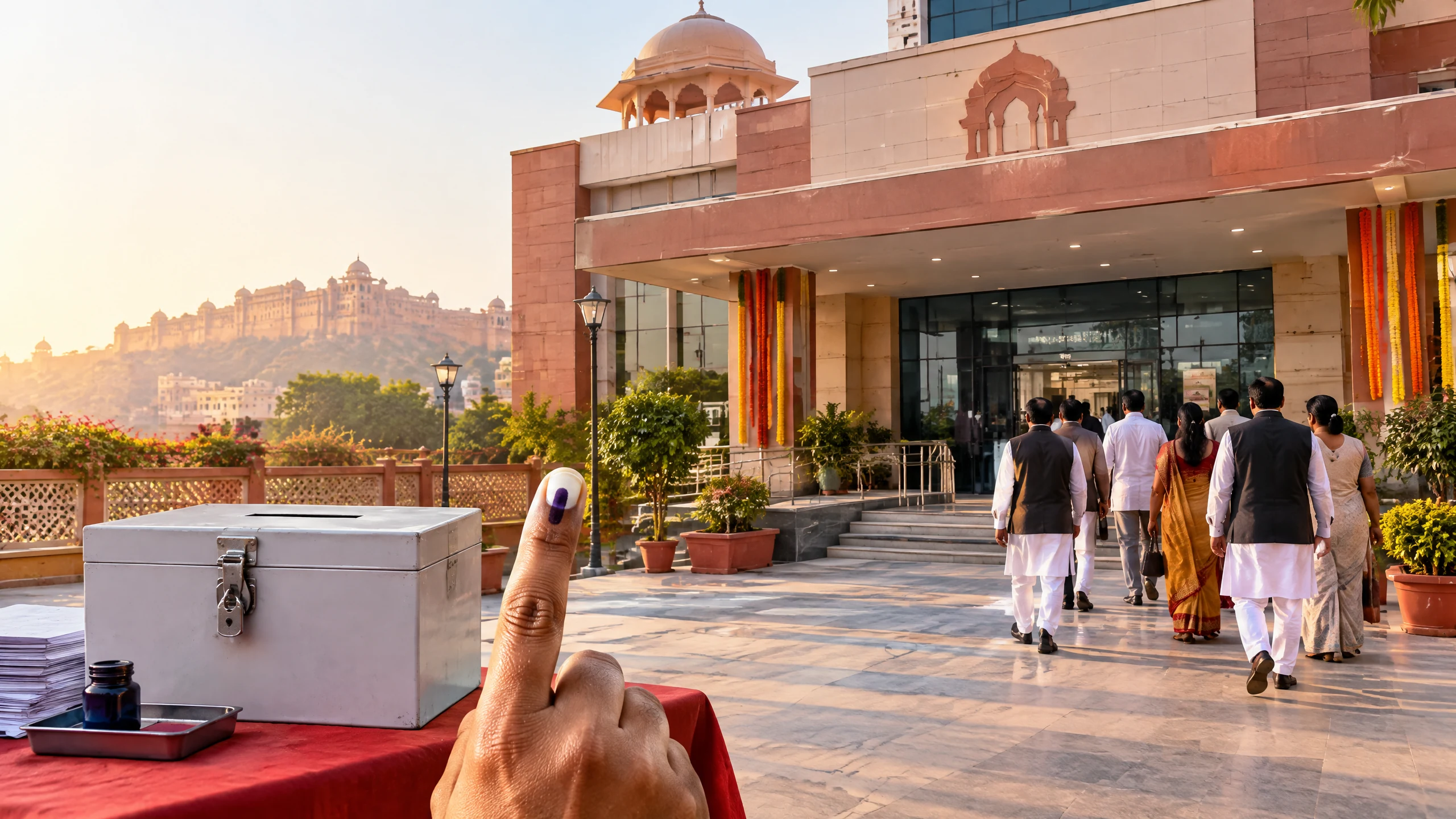Editorial view of a Jaipur civic building, ballot box and councillors arriving before the mayor चुनाव