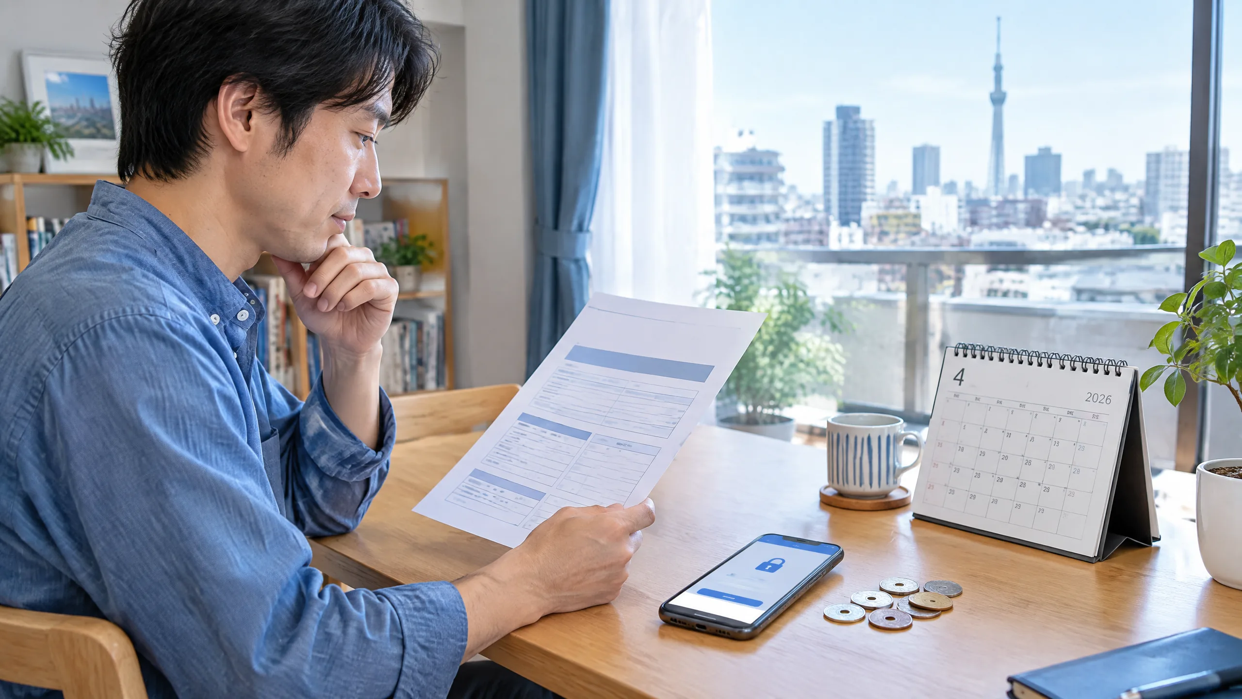Original editorial illustration of a Japan National Pension payment notice beside an April 2026 calendar, yen coin and smartphone