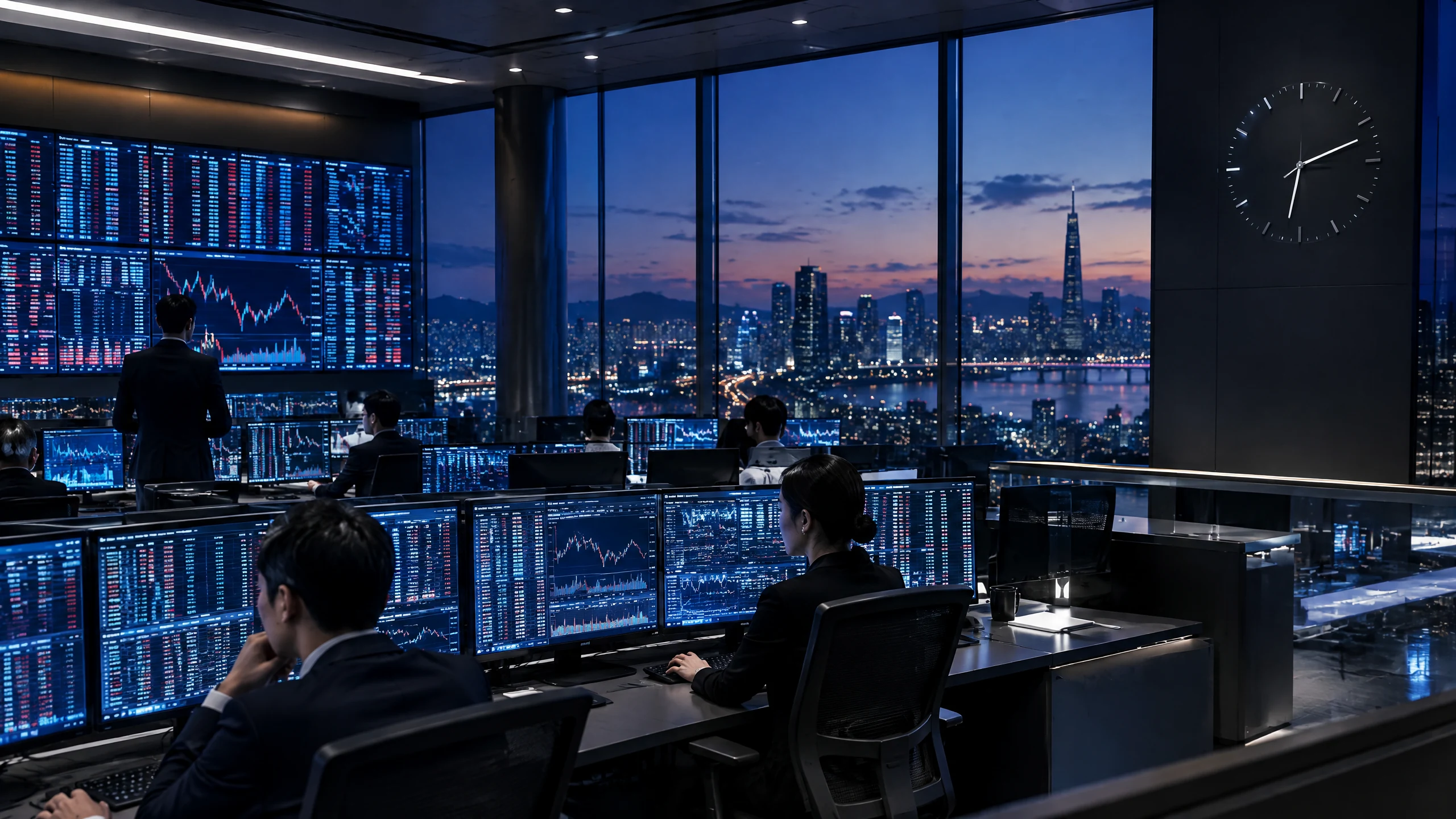 Original editorial illustration of Korea Exchange evening trading screens and continuous order matching after the regular market close