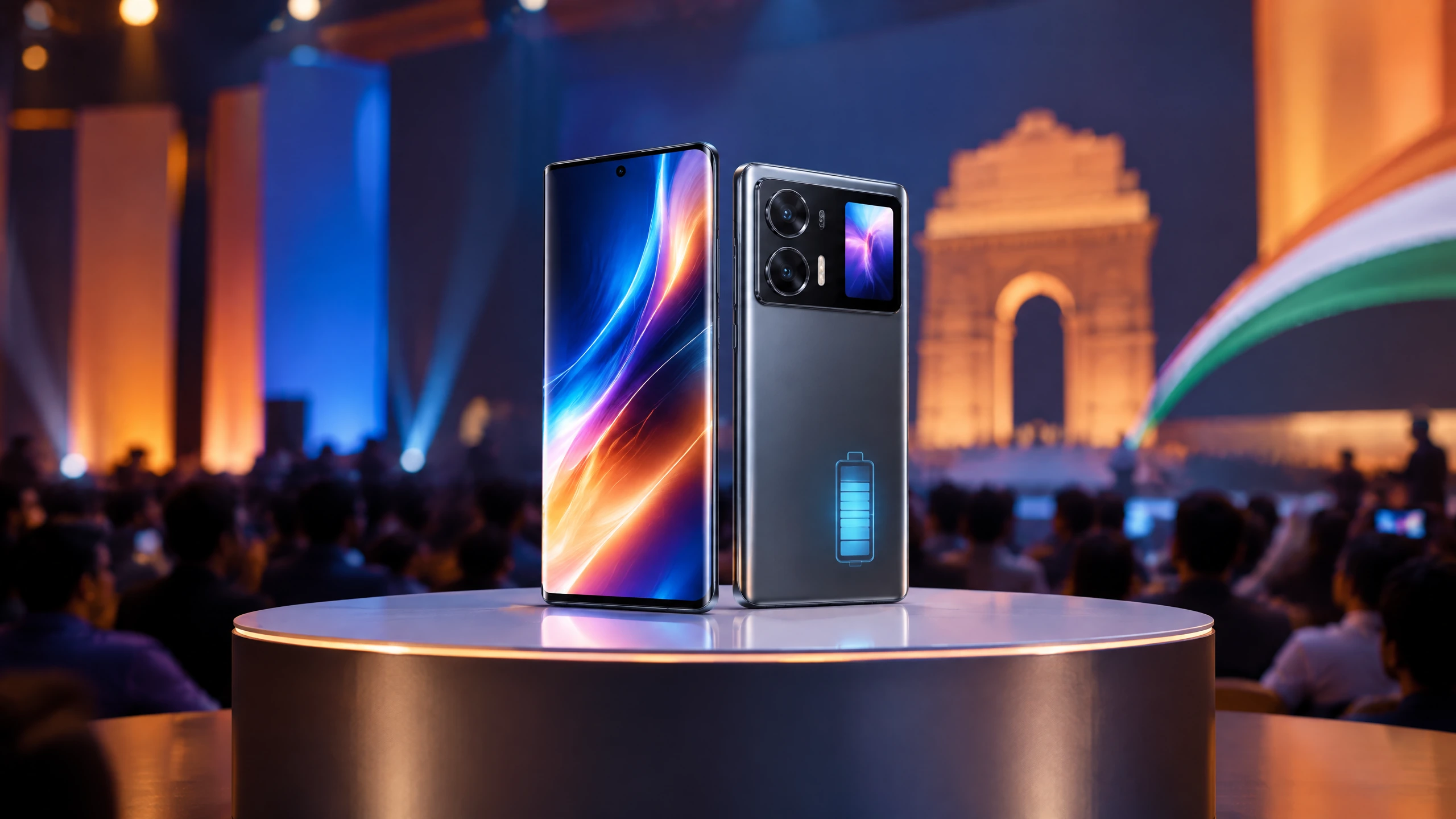 Editorial illustration of a curved-screen smartphone with a rear mini display on an Indian launch stage