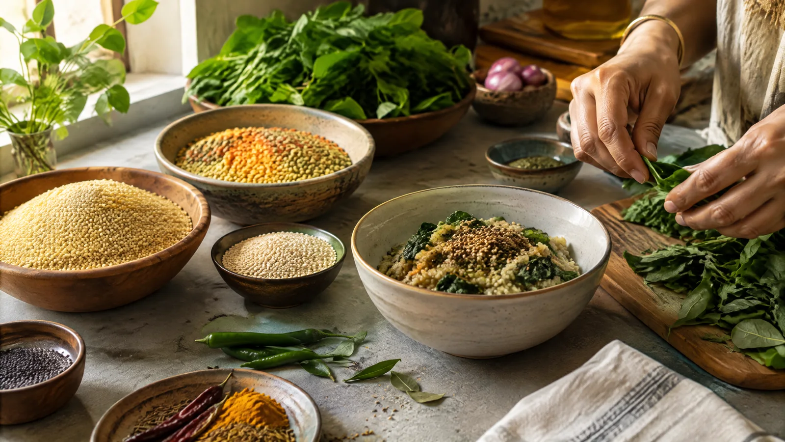 Millets, lentils, spices and greens in a modern kitchen