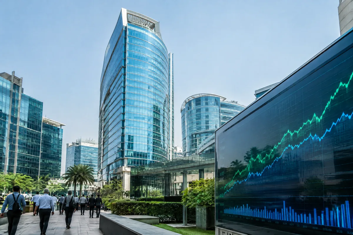 Market screens and a modern financial district