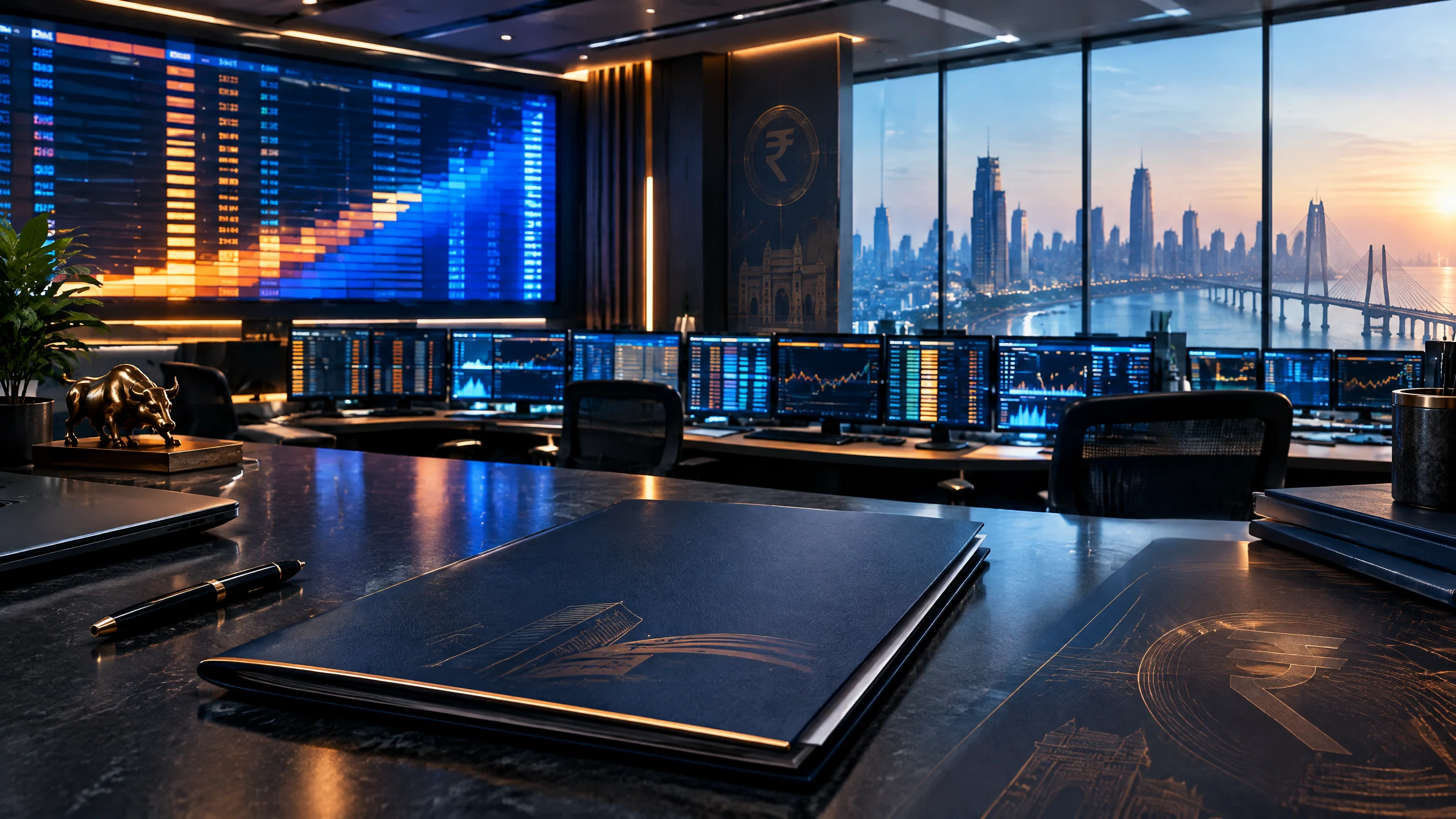 Original editorial illustration of the NSE IPO 2026, showing a Mumbai financial operations room, market screens and a prospectus folder