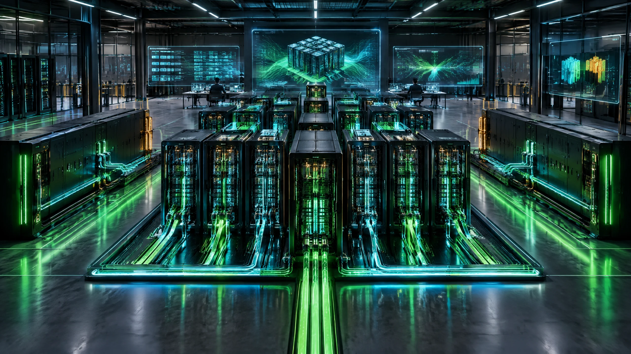 Original editorial illustration of NVIDIA DSX MaxLPS power coordination across liquid-cooled AI server racks in a modern data centre